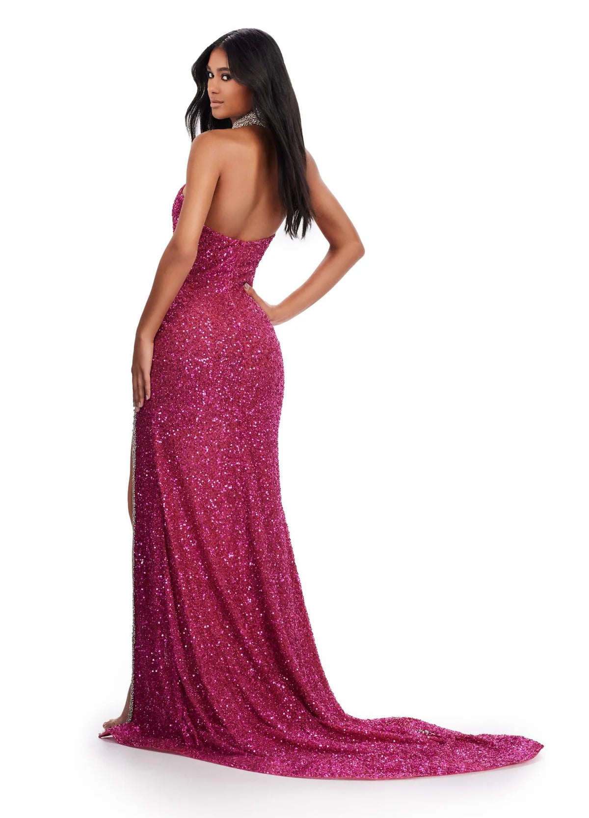 Fuchsia Halter Gown With All-Over Sequins, Keyhole Neckline, Crystal Embellishments, And High Side Slit.  Back View.