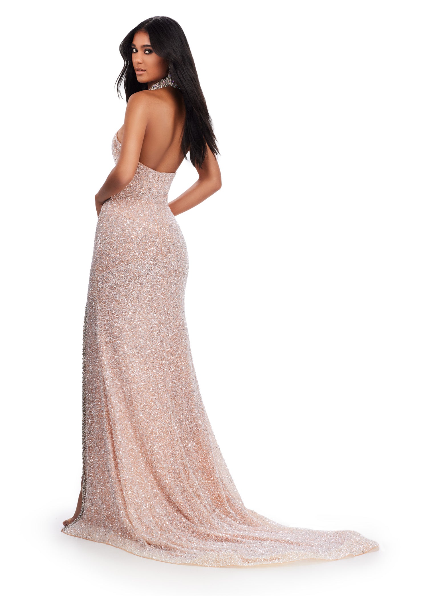 Rose Gold Halter Gown Featuring All-Over Sequins, Keyhole Neckline, Crystal Accents, And High Side Slit. Back View.