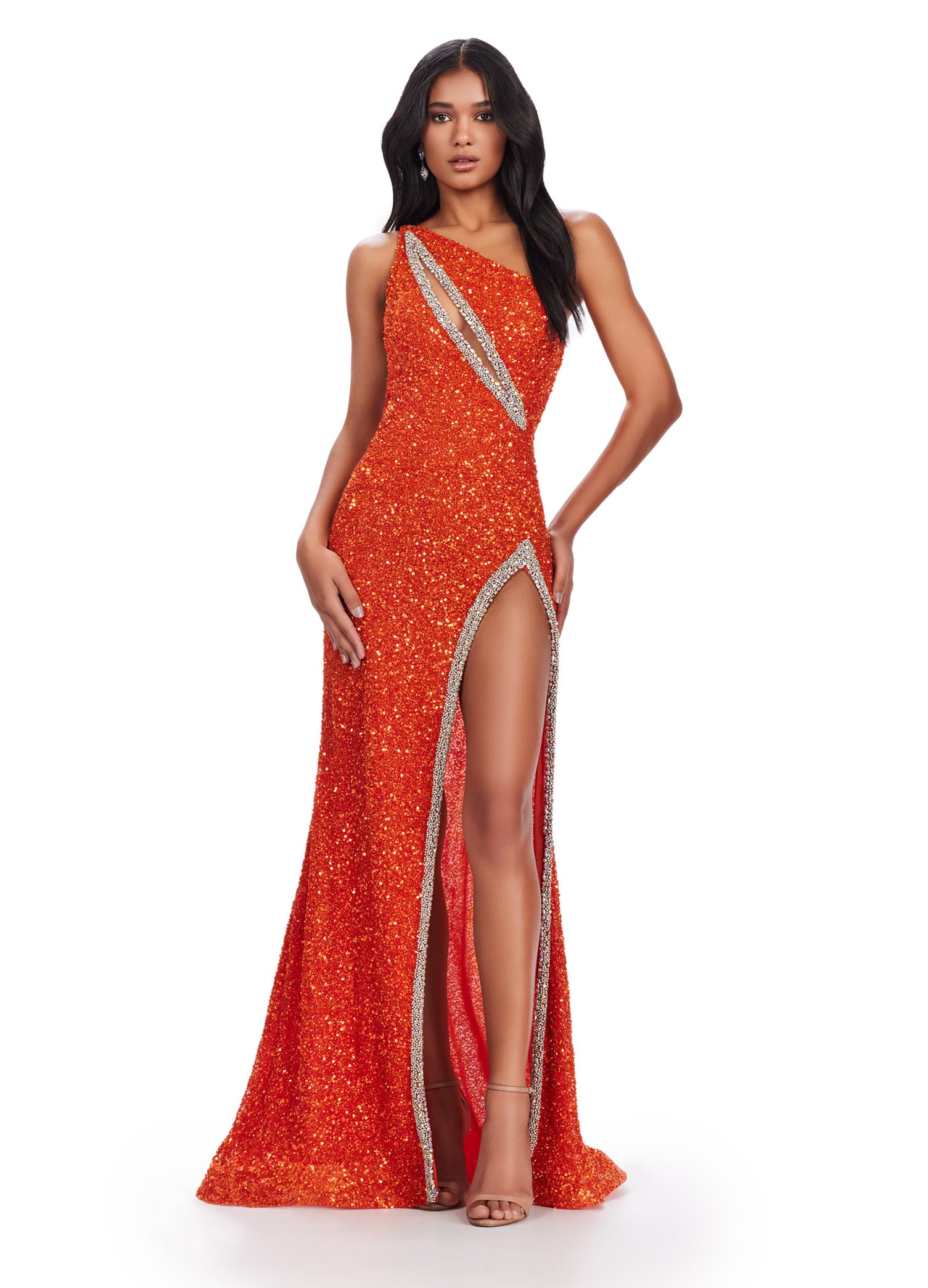 ASHLEYlauren 11635 Mercedes Gown – A beaded one-shoulder gown with an asymmetric cut-out, open back, and high leg slit for a bold, glamorous look that’s perfect for any special event.
