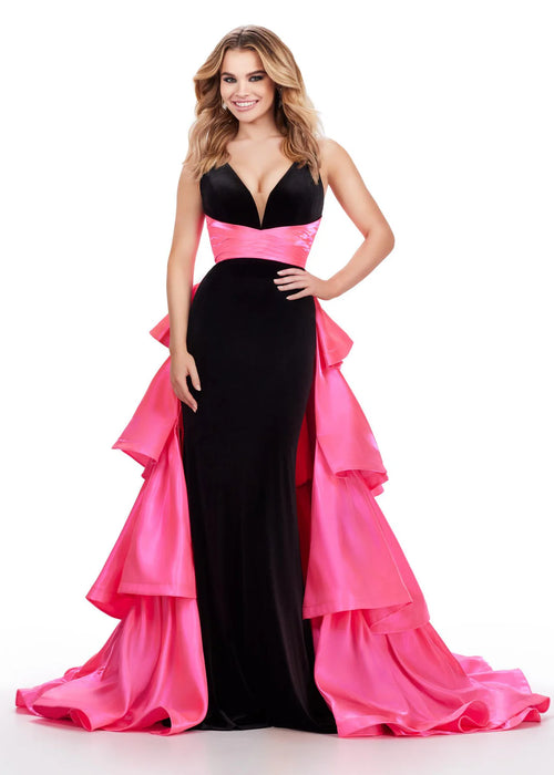 Gaia Gown | Black-Hot-Pink velvet gown with a deep plunging neckline, contrasted by a pink satin waistband and cascading layered satin accents that flow into a dramatic train