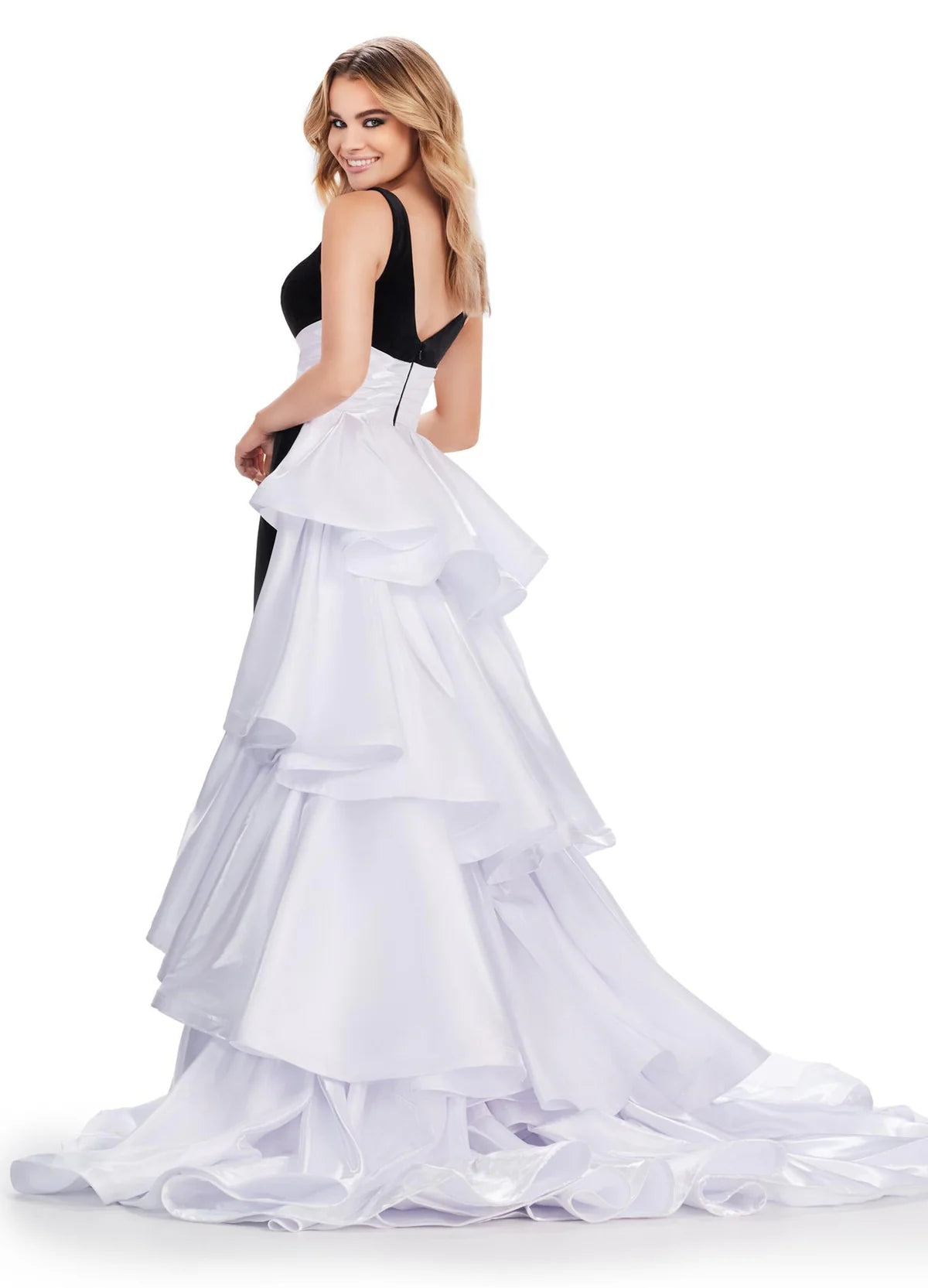 Gaia Gown | Black-White velvet evening gown with a plunging neckline, pink satin waistband, and tiered satin layers flowing into a bold statement train.