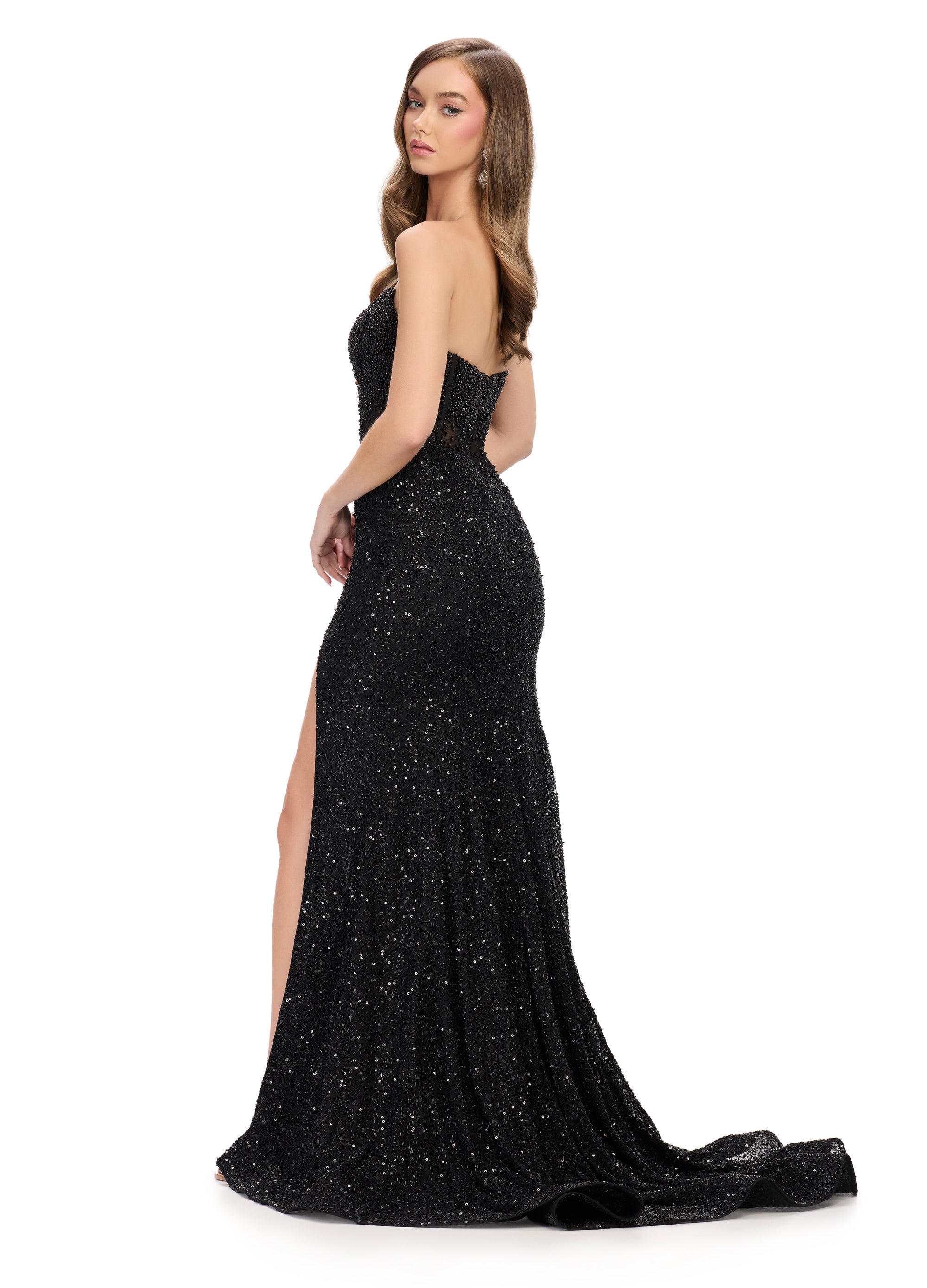 Black Embellished Corset Gown with Thigh-High Slit | Luxury Evening Dress for Women