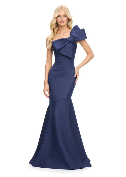 Bronx Gown | Navy satin evening gown featuring an asymmetrical one shoulder neckline with an oversized bow and a figure hugging mermaid silhouette, perfect for galas, weddings or evening soirées
