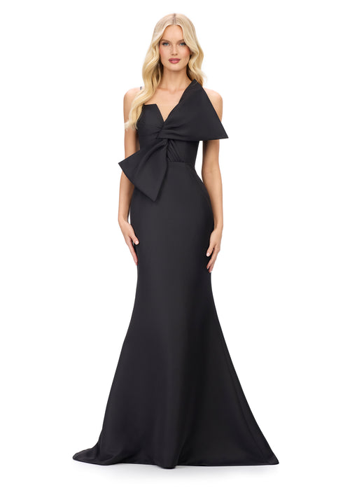 Jinnie Gown | Black Elegant gown with oversized bow detail and dramatic mermaid silhouette, designed for timeless evening style.