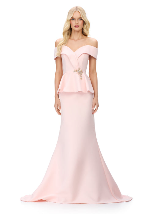 Trixie Gown | Blush Off-the-shoulder mermaid gown with side ruffles and elegant draped silhouette for weddings and galas