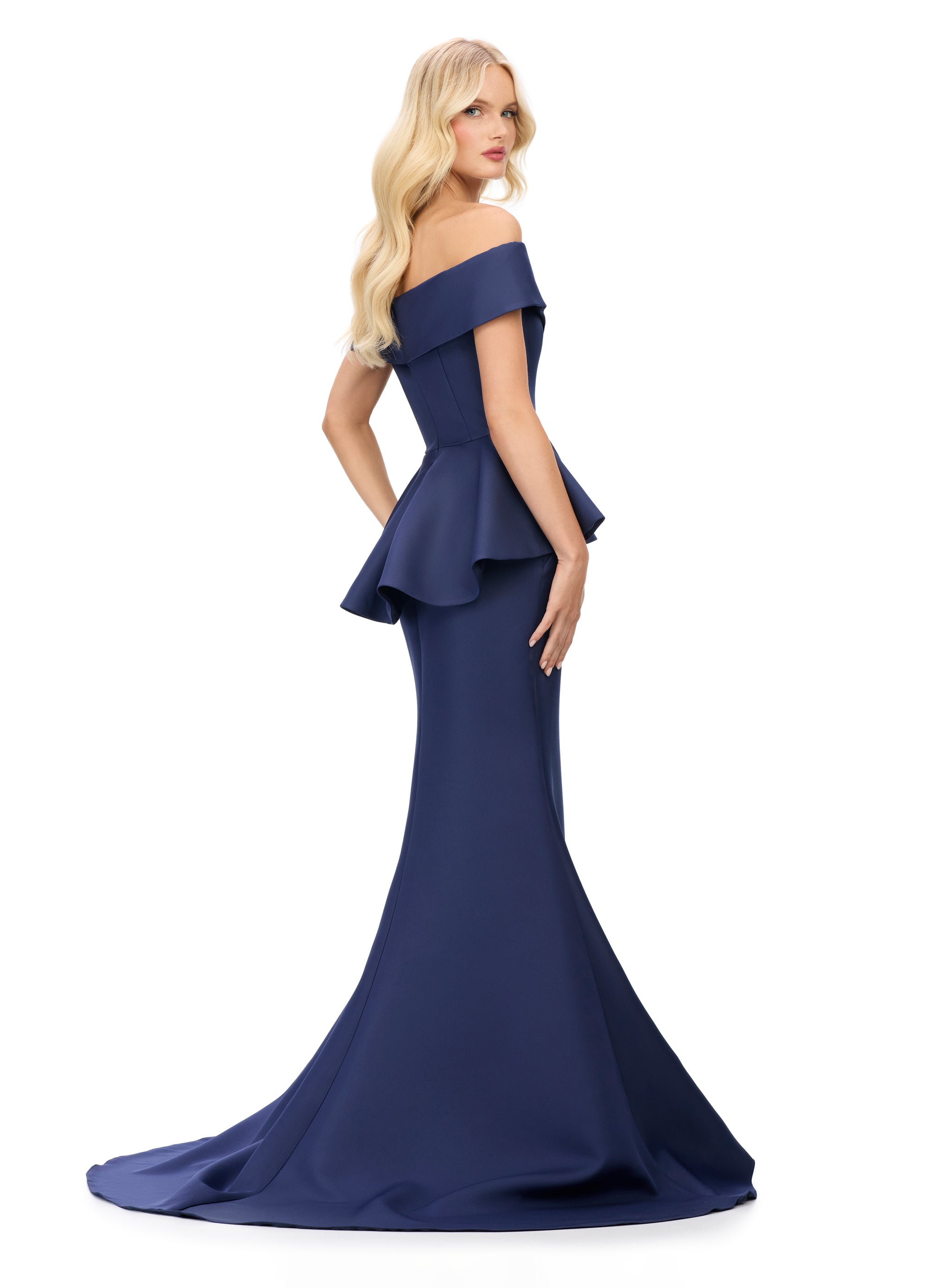 Off-Shoulder Royal Blue Peplum Gown with Embellished Waist Detail | Elegant and Feminine Formal Dress Back View.