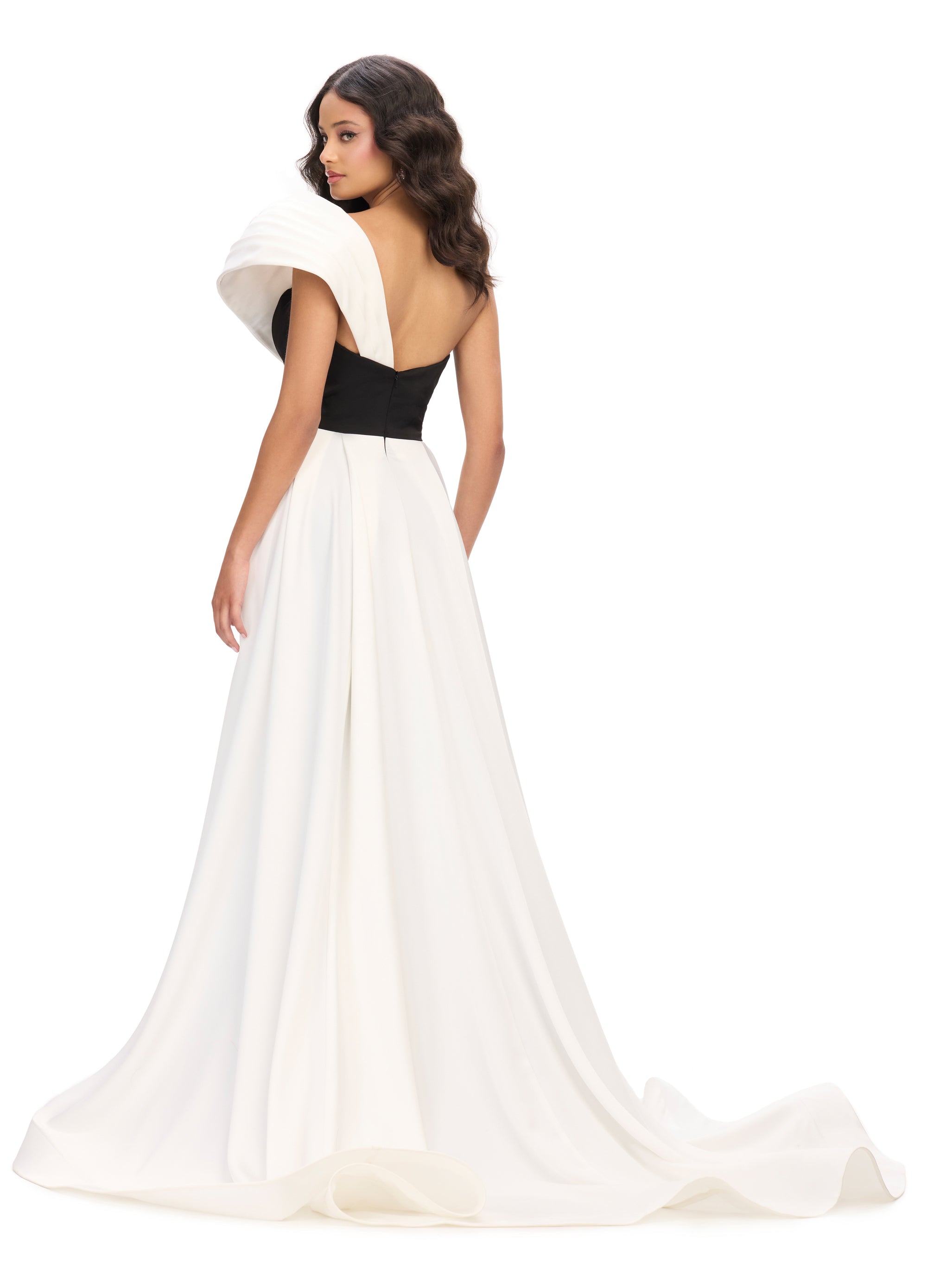 Back View - Black gown with an asymmetrical neckline, fitted silhouette, and dramatic white off-the-shoulder draping that extends into a floor-length train.