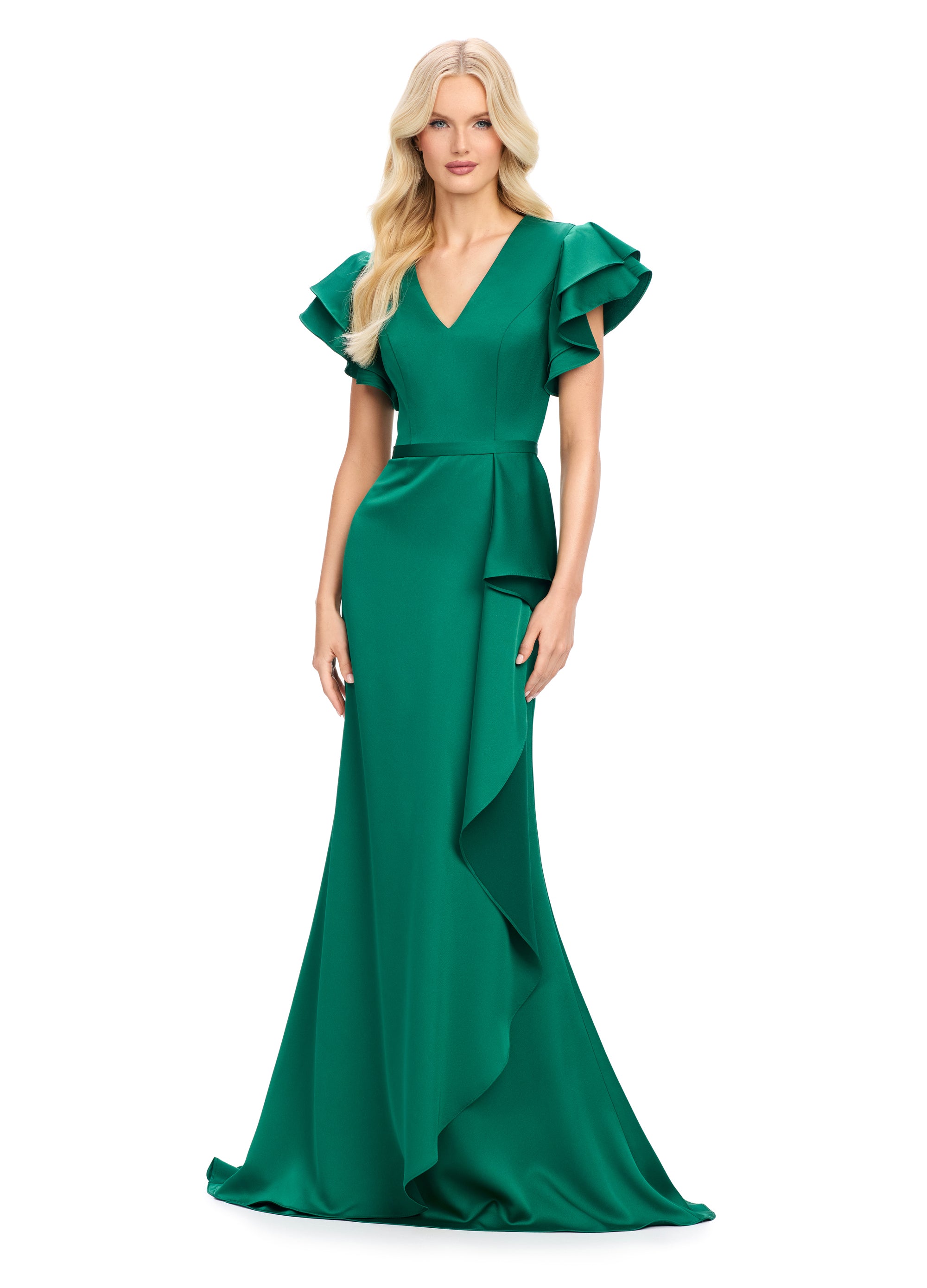 Emerald green gown with Ruffled Cap Sleeves and Cascading Side Drape | Sophisticated Evening Dress for Formal Events