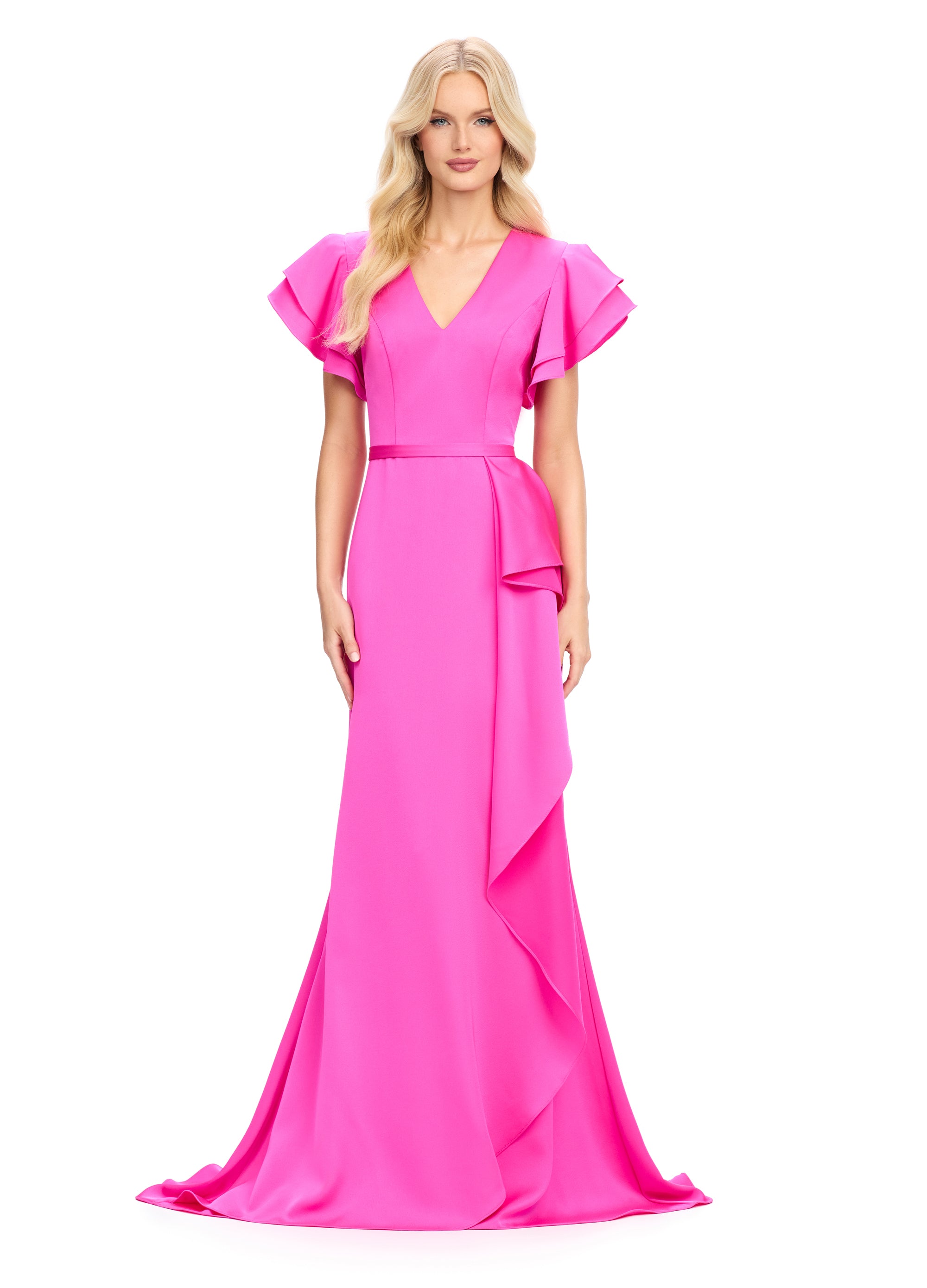 Fuchsia Gown with Ruffled Cap Sleeves and Cascading Side Drape | Sophisticated Evening Dress for Formal Events