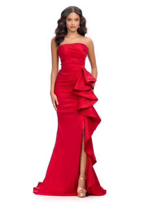 Angel Gown | Red strapless gown with cascading ruffle, sleek leg slit and high fashion drama, perfect for red carpets, galas and unforgettable evenings