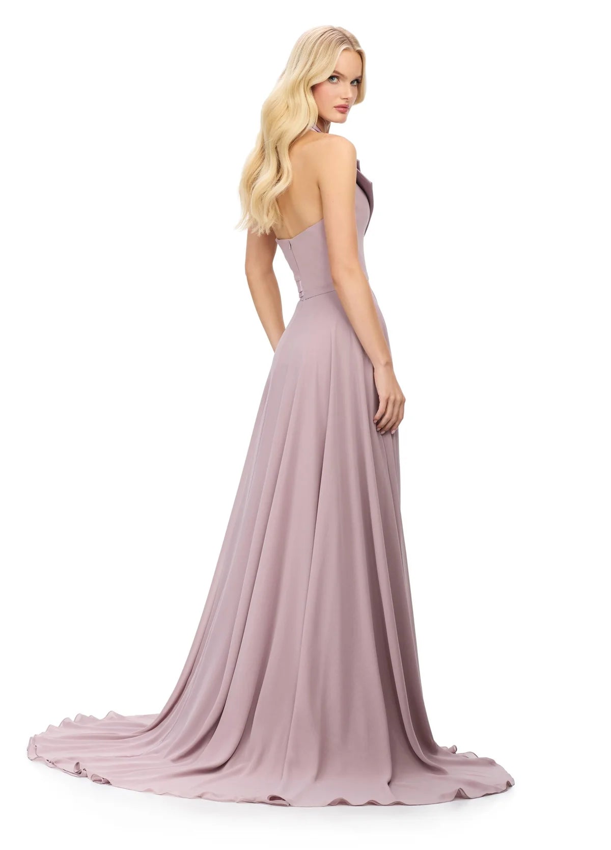 Back View - Halter-neck evening gown featuring a deep V-neckline with structured lapel detailing, a fitted waist, and a flowing floor-length skirt with a high slit.