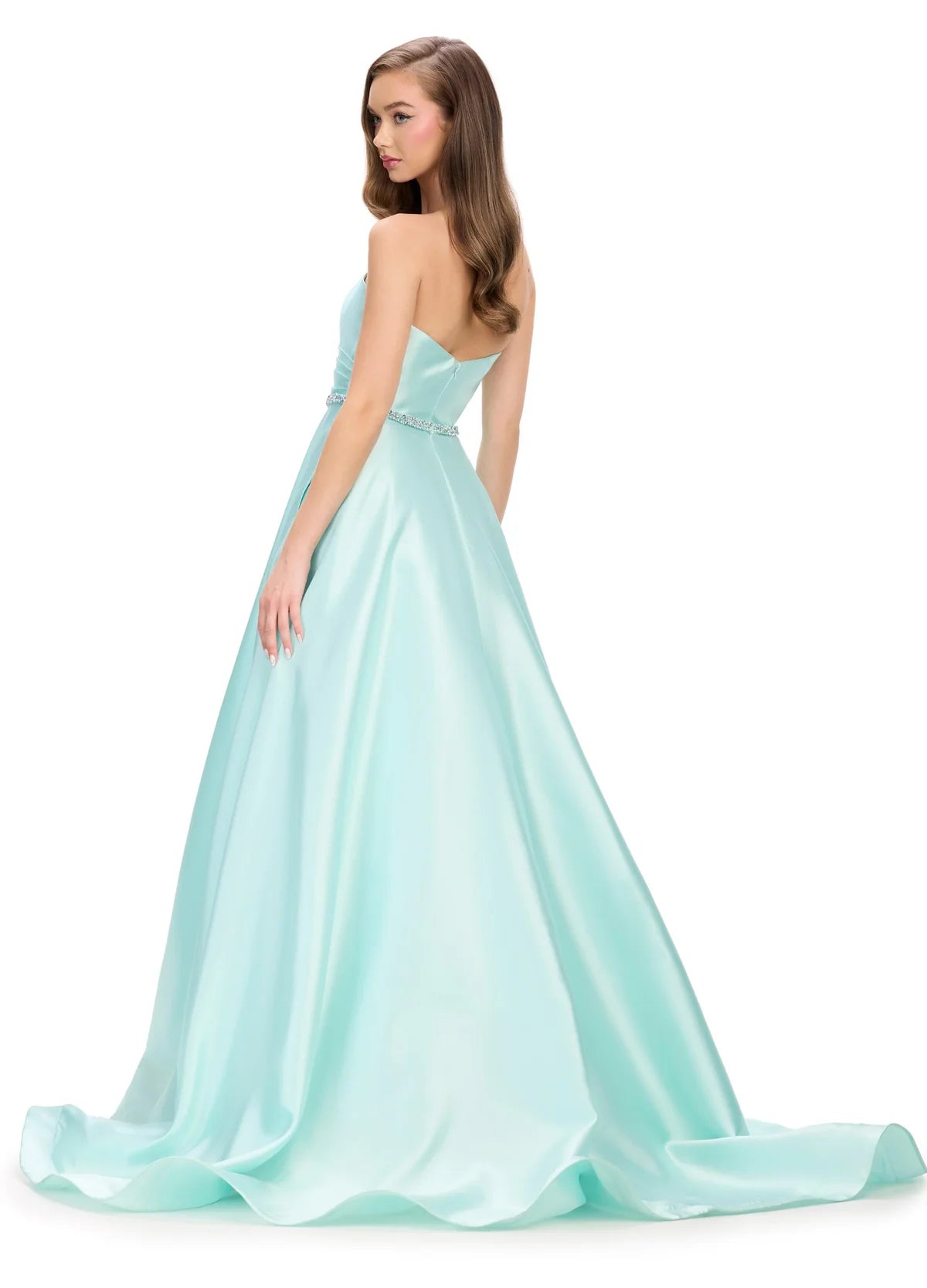 Back view of a Satin Evening Gown with Sweetheart Neckline and Beaded Waist | Perfect for Formal Events