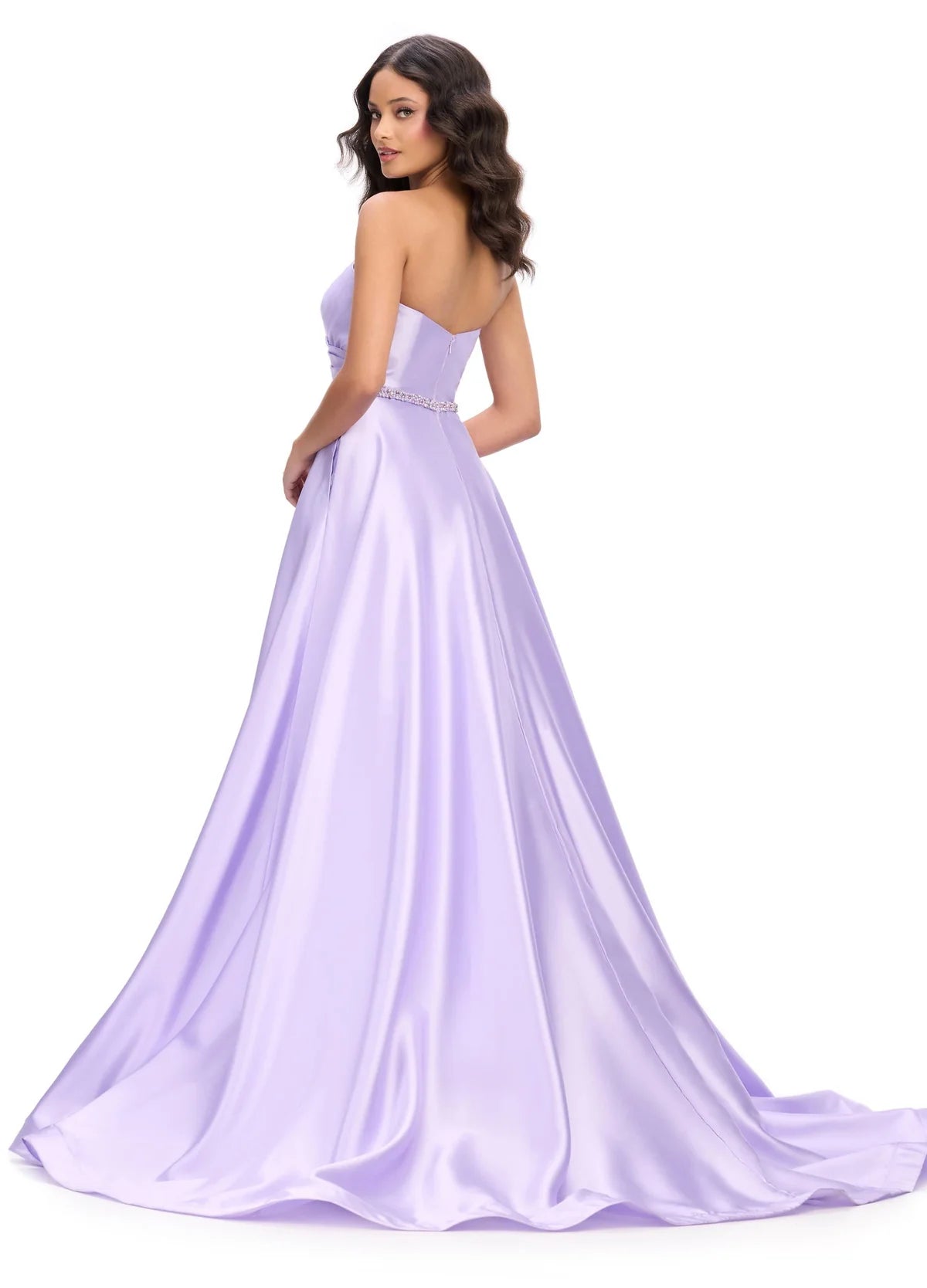 Back view of a Lilac Satin Evening Gown with Sweetheart Neckline and Beaded Waist | Perfect for Formal Events