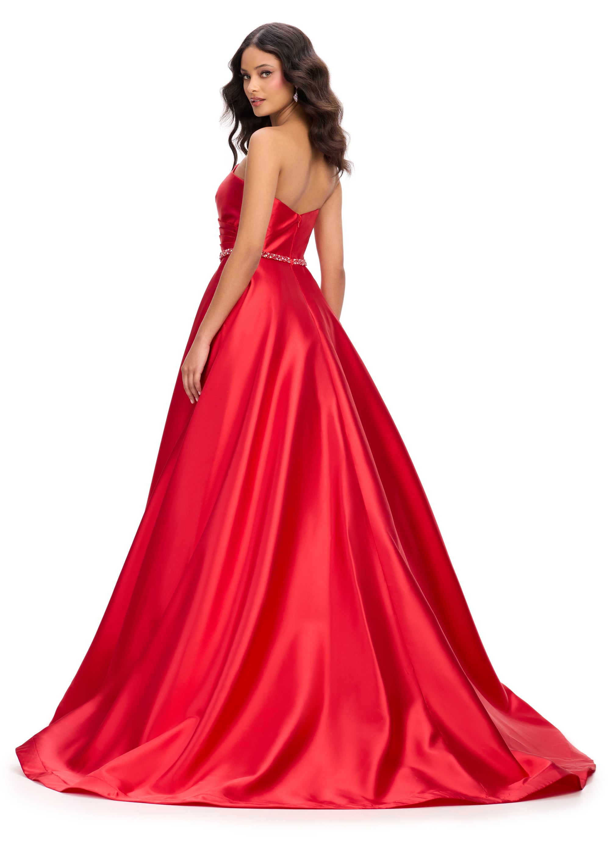 Back view of a Satin Evening Gown with Sweetheart Neckline and Beaded Waist | Perfect for Formal Events