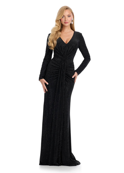 Noor Gown | Black Long sleeve embellished gown with v neckline and fitted silhouette