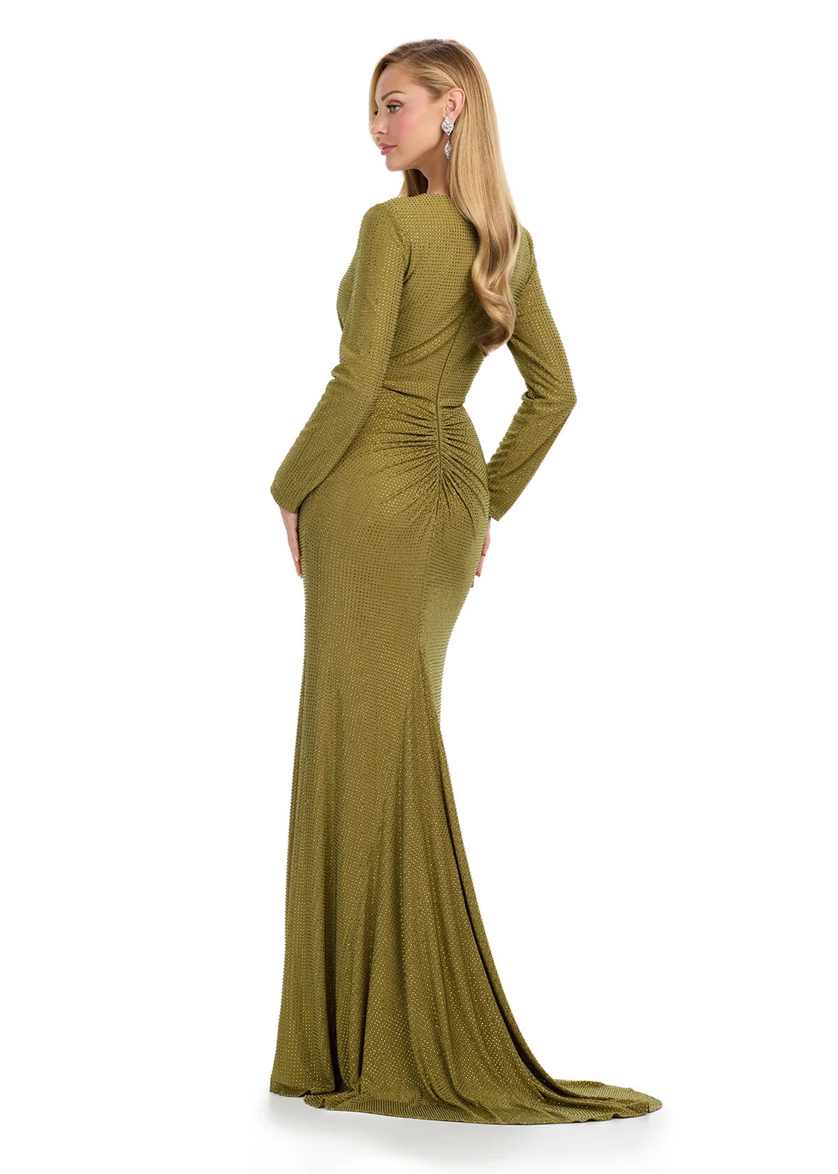Back view - Olive long-sleeve evening gown featuring a plunging V-neckline, ruched detailing at the waist, and a floor-length silhouette with subtle shimmering accents for timeless elegance.