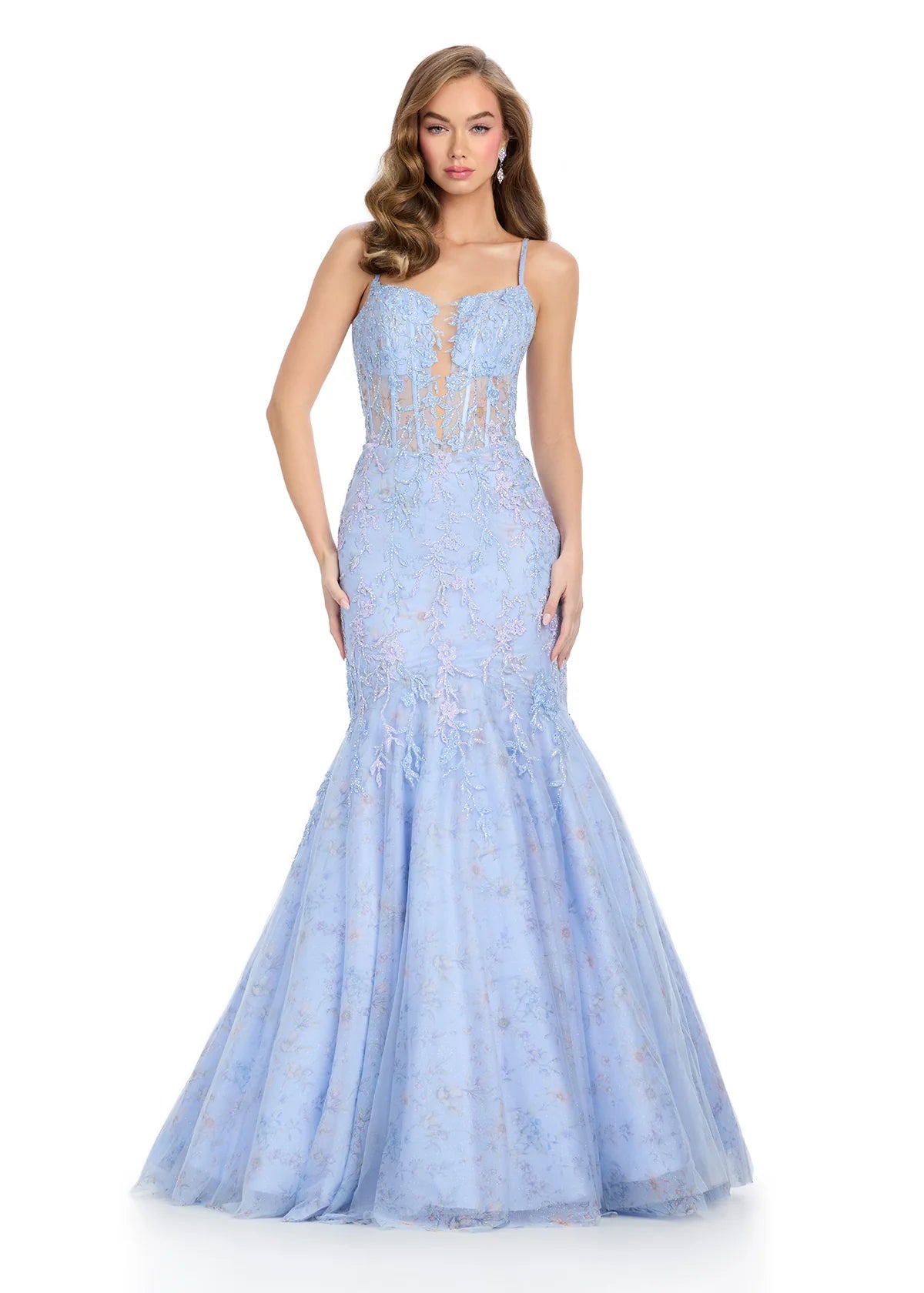 Enchanting mermaid gown featuring a floral lace overlay, a fitted corset bodice with delicate straps, and a dramatic flared skirt for a fairytale-inspired silhouette.