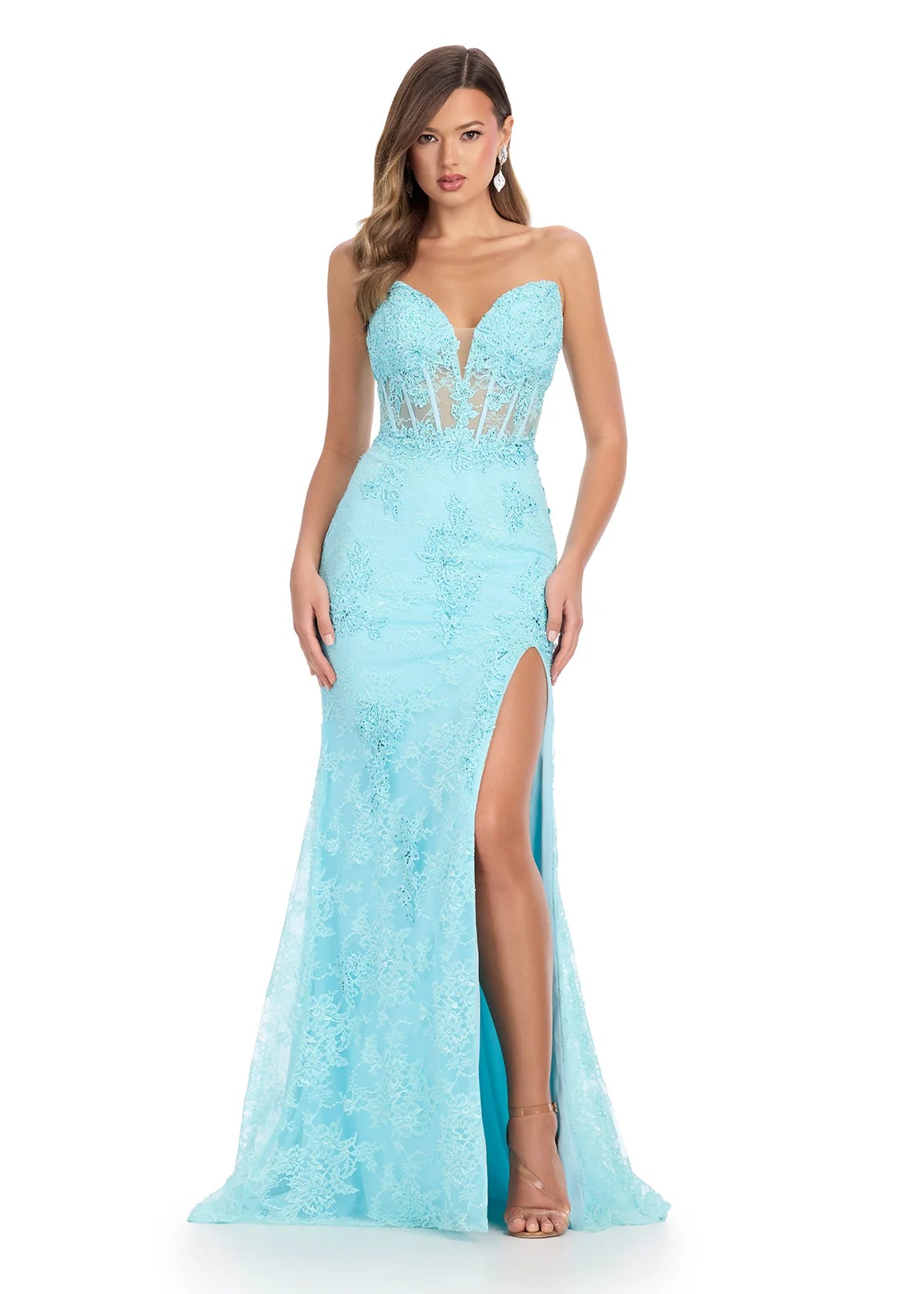Lacey in Aqua Blue Front View - Blue Lace Corseted Evening Gown - Luxury Dress - Premium Ball Gowns
