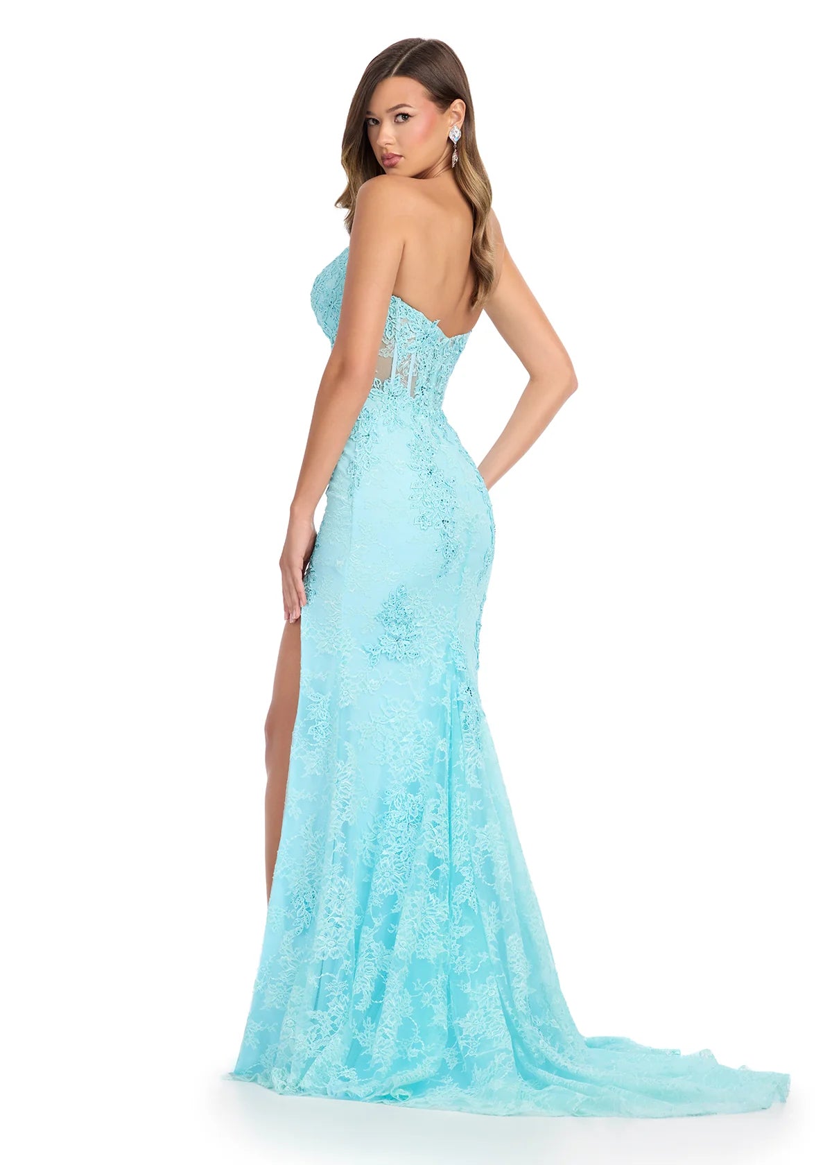Lacey in Aqua Blue Back View - Blue Lace Corseted Evening Gown - Luxury Dress - Premium Ball Gowns
