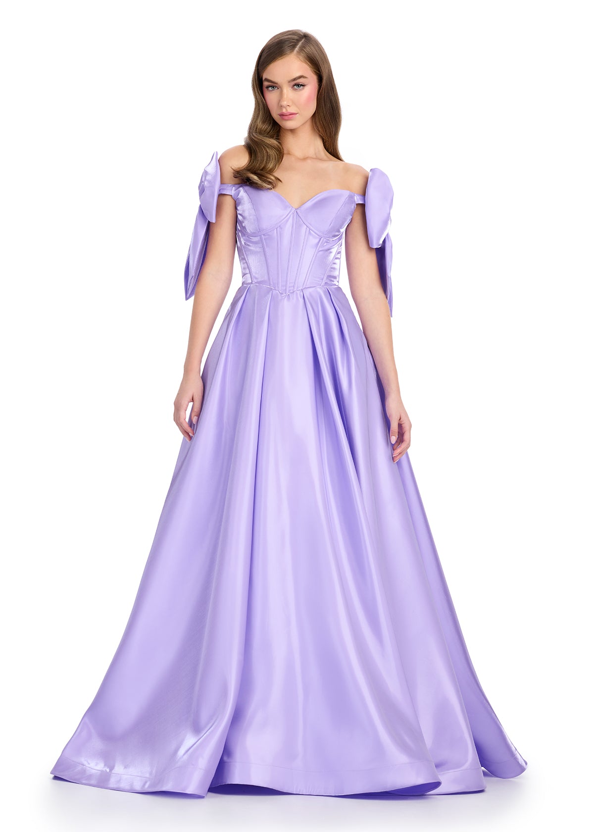 Lilac satin ball gown with a structured corset bodice, sweetheart neckline, and white bow-accented off-shoulder sleeves.