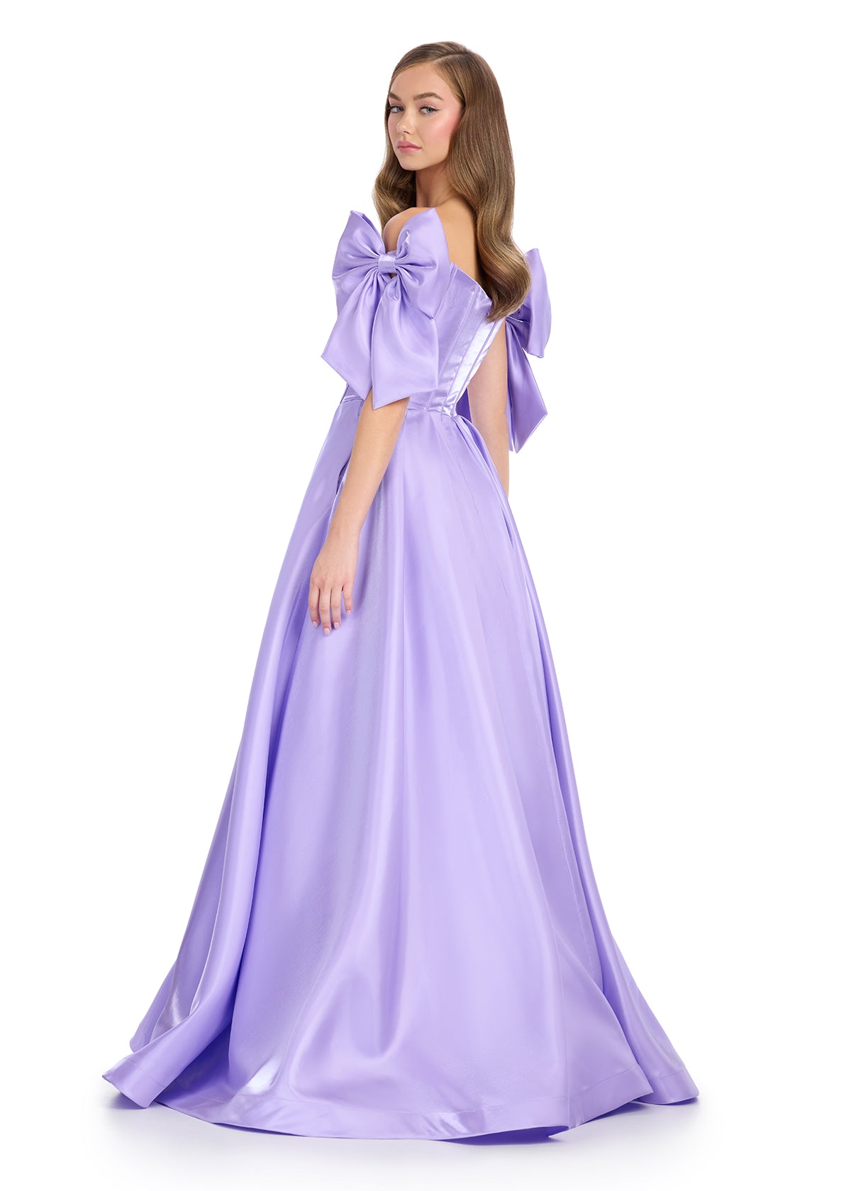 Back View - Lilac satin ball gown with a structured corset bodice, sweetheart neckline, and white bow-accented off-shoulder sleeves.
