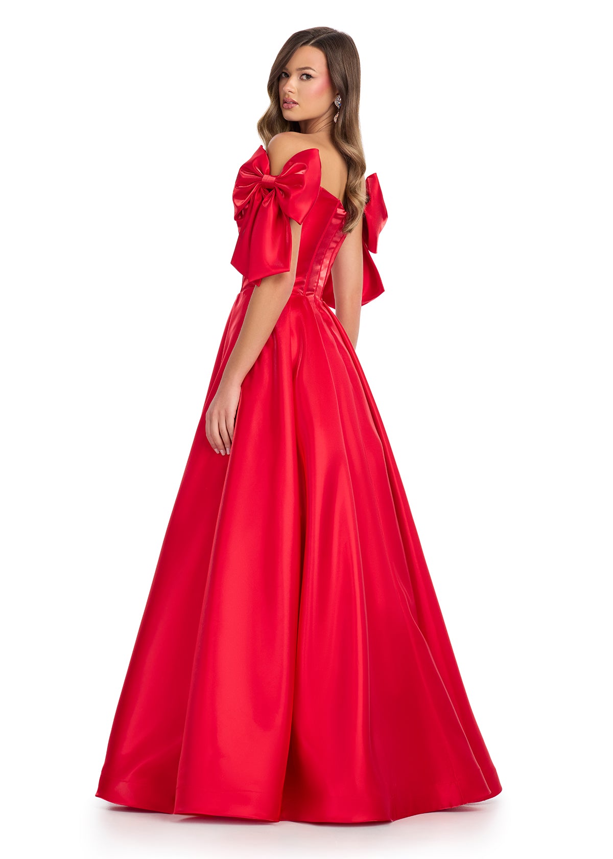 Back View - Red satin ball gown with a structured corset bodice, sweetheart neckline, and white bow-accented off-shoulder sleeves.