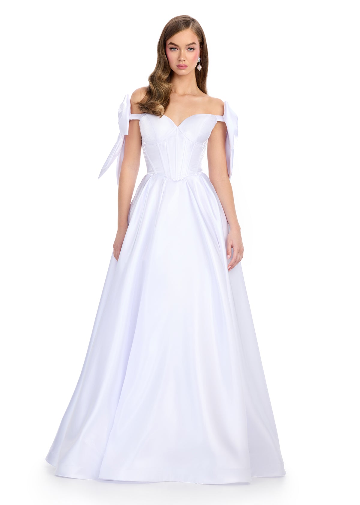 White satin ball gown with a structured corset bodice, sweetheart neckline, and white bow-accented off-shoulder sleeves.