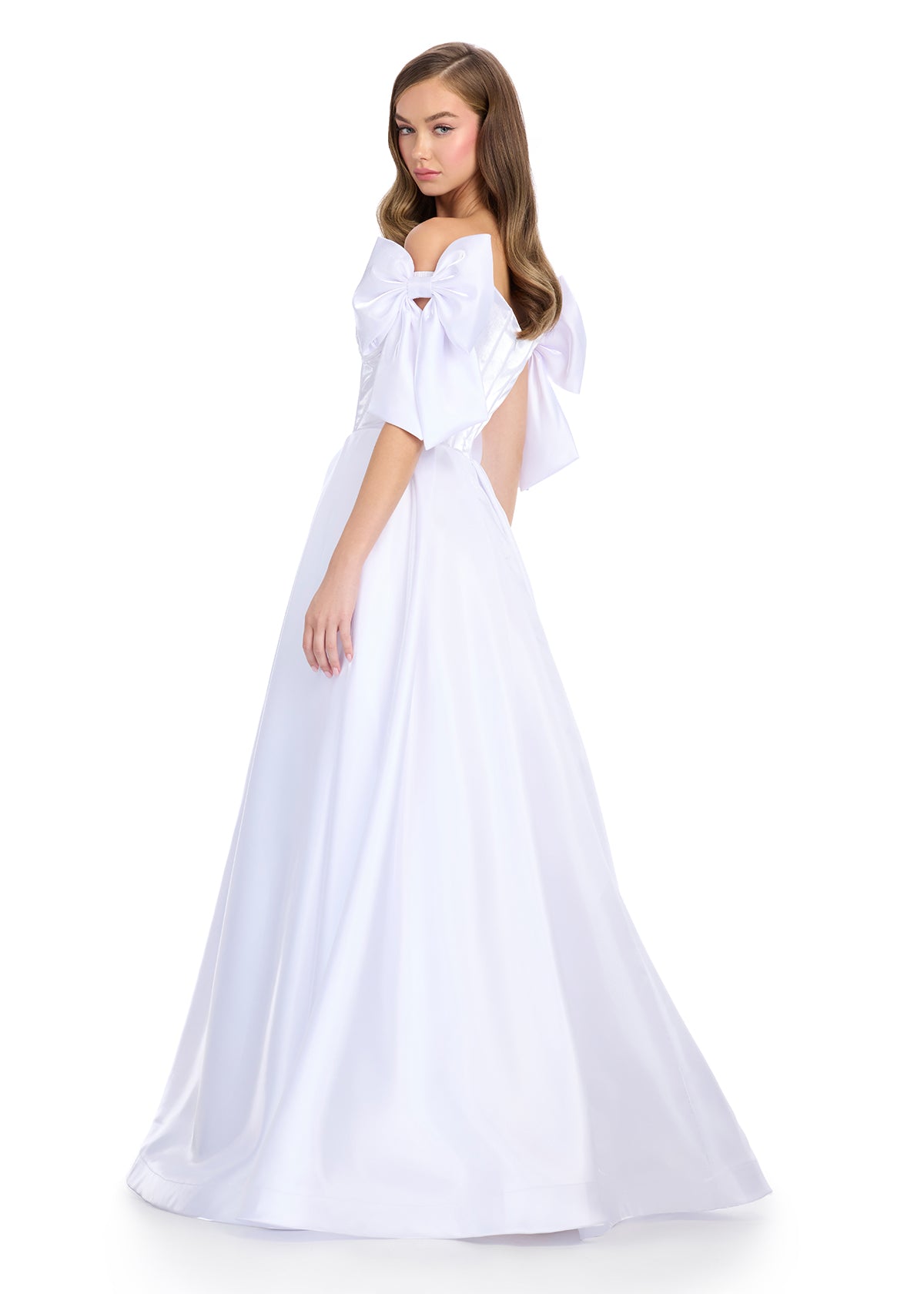 Back View - White satin ball gown with a structured corset bodice, sweetheart neckline, and white bow-accented off-shoulder sleeves.