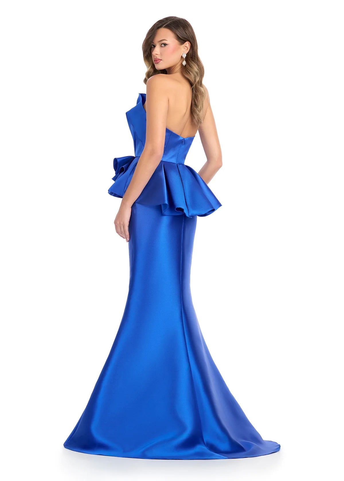 Royal Blue mermaid gown featuring a strapless neckline with dramatic ruffle detailing, offering a chic and sophisticated look. Back view.