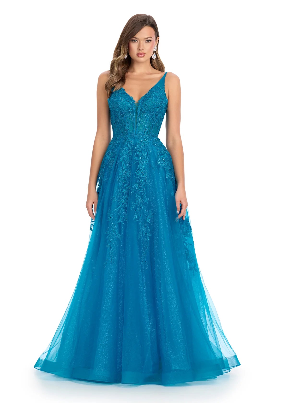 Aqua ball gown featuring intricate lace detailing on the bodice, a flattering V-neckline, and a flowing tulle skirt for a timeless and romantic look.