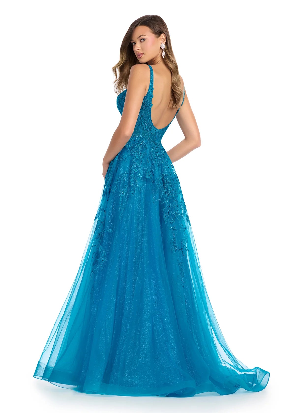 Back view - Aqua ball gown featuring intricate lace detailing on the bodice, a flattering V-neckline, and a flowing tulle skirt for a timeless and romantic look.