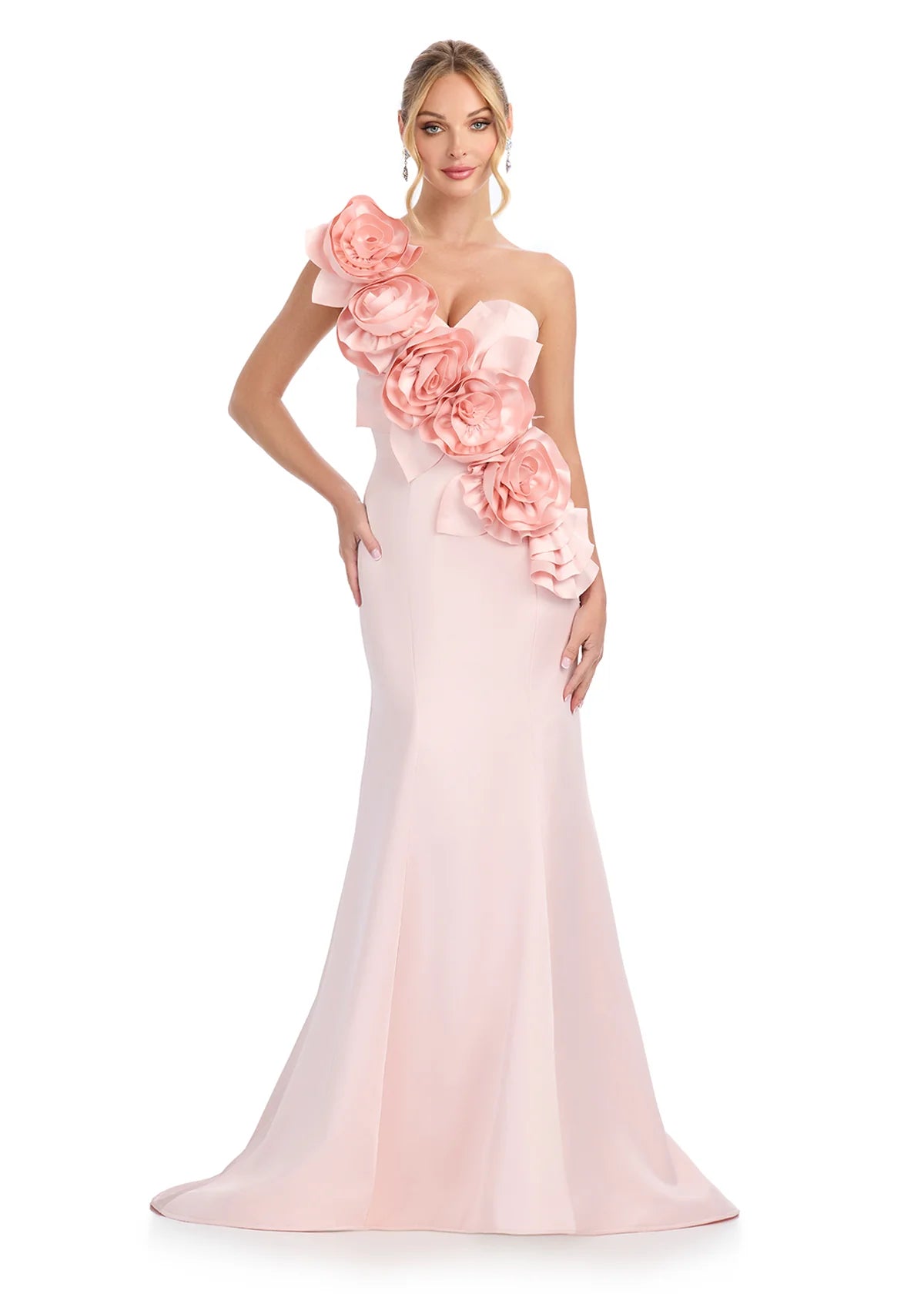ASHLEYlauren 11898 Huda Gown – Statement one-shoulder gown with a sweetheart neckline, structured bustier, and oversized floral embellishments cascading down the bodice for a bold, romantic look.