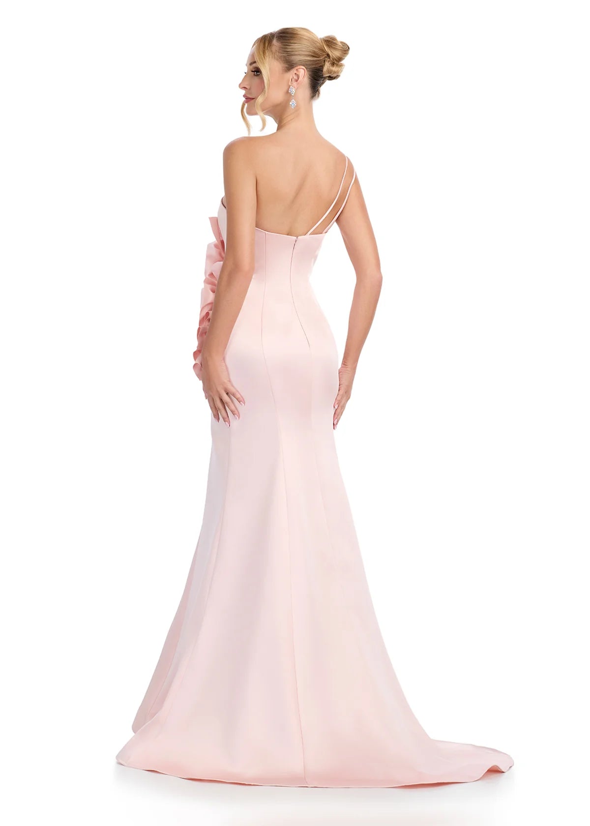 Back - ASHLEYlauren 11898 Huda Gown – Statement one-shoulder gown with a sweetheart neckline, structured bustier, and oversized floral embellishments cascading down the bodice for a bold, romantic look.