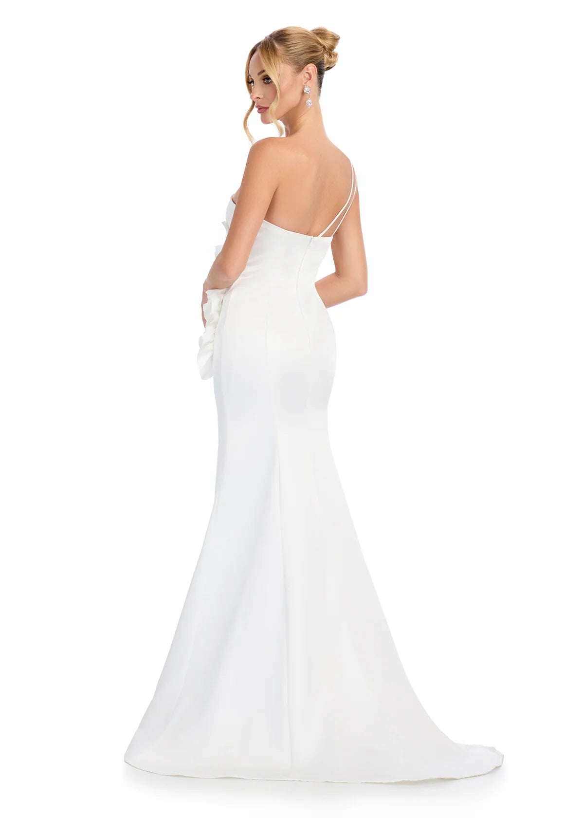 Back - ASHLEYlauren 11898 Huda Gown – Statement one-shoulder gown with a sweetheart neckline, structured bustier, and oversized floral embellishments cascading down the bodice for a bold, romantic look.