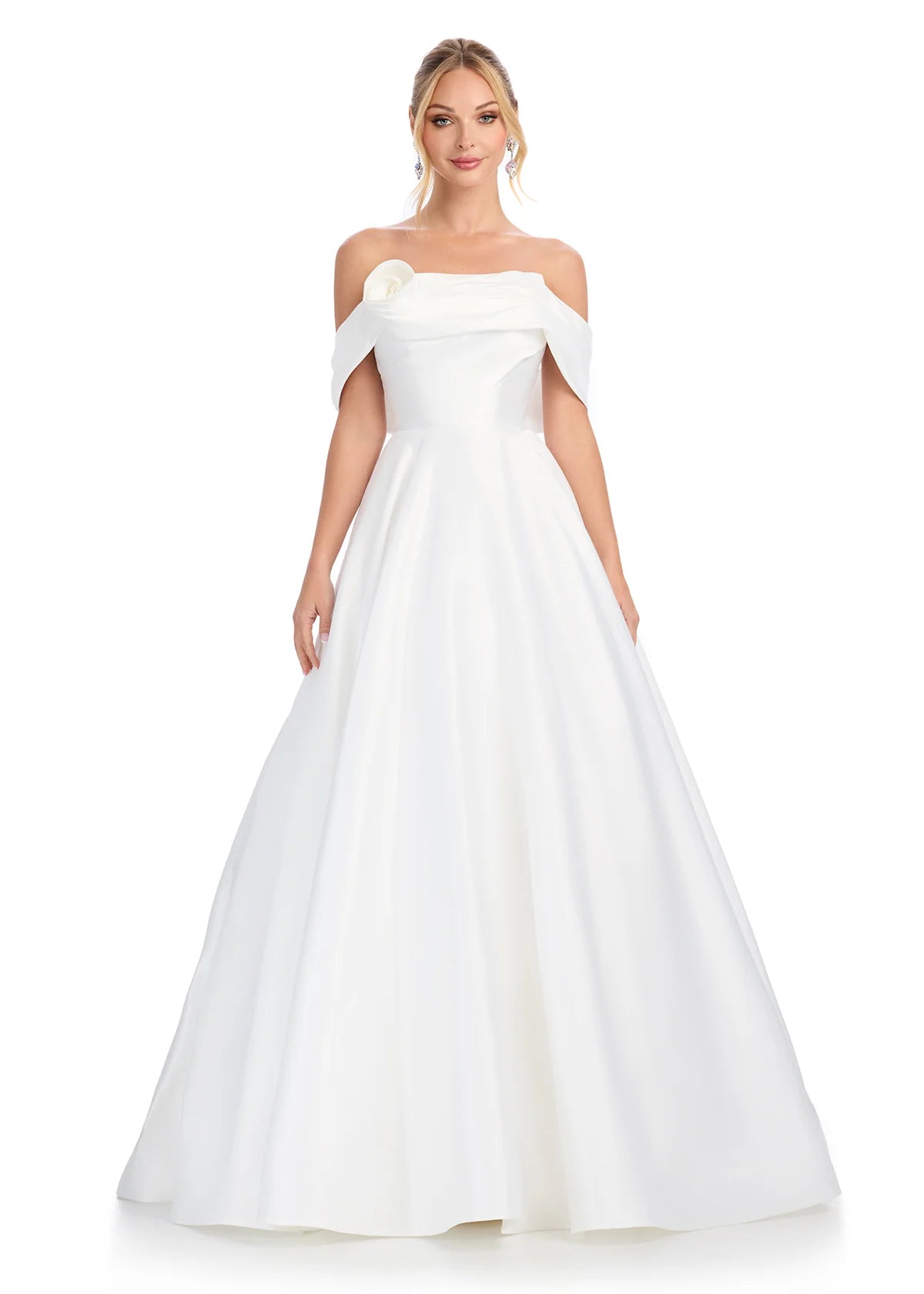 An elegant off-the-shoulder white ball gown featuring a structured bodice and a full satin skirt, perfect for formal occasions or a grand entrance.