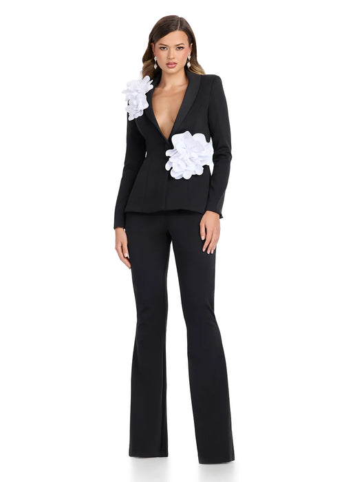 Nari Two Piece Suit | Black Sleek tailored suit with 3D floral embellishments, fitted blazer and flared trousers