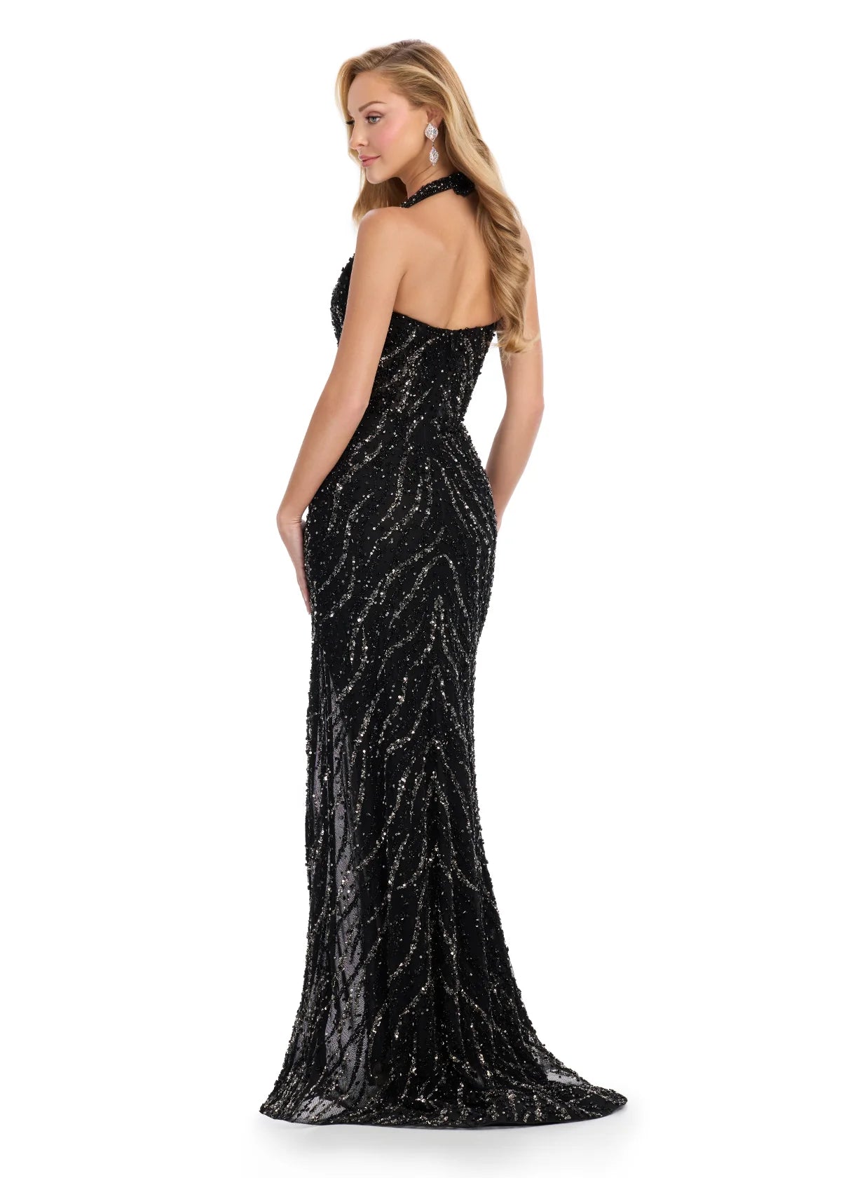 Back view - Black beaded halter gown featuring a plunging neckline, high leg slit, and intricate swirling embellishments, perfect for creating a bold and glamorous statement.
