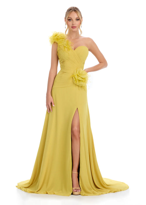 Alondra Gown | Mustard One Shoulder Evening Gown with Ruched Bustier, Feather and Ruffle Detailing and High Slit for Galas, Cocktails and Red Carpet Events