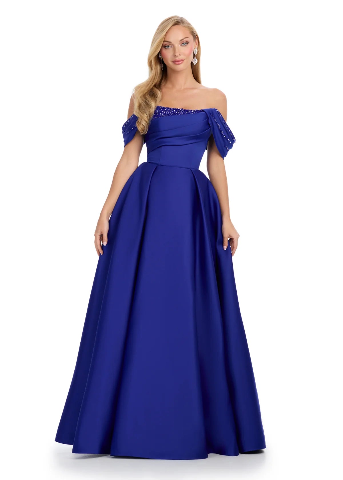 Royal blue elegant off-shoulder ball gown featuring embellished draped sleeves, a structured bodice, and a voluminous skirt for a timeless formal look.