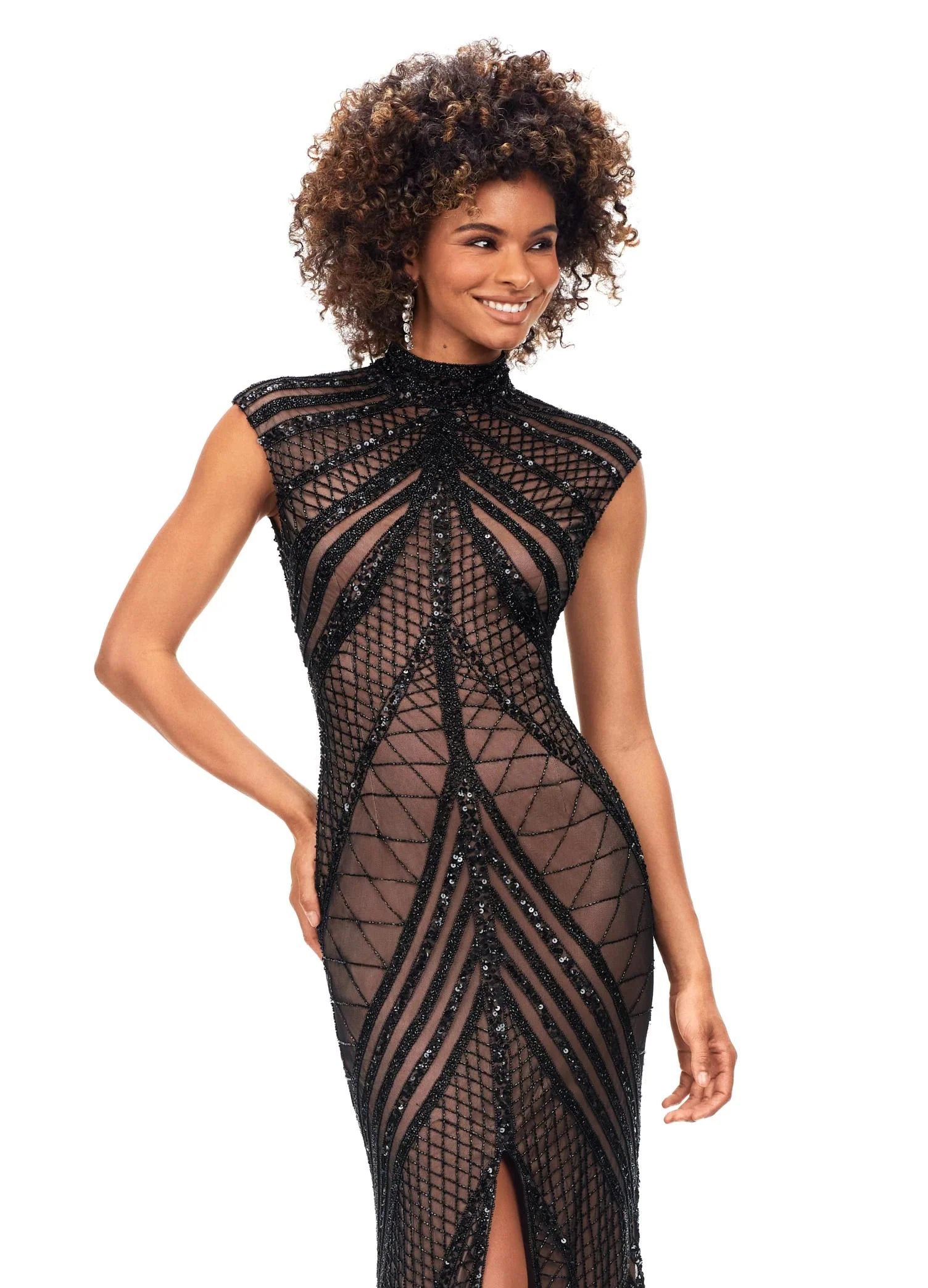 Black beaded gown with a high neckline and cap sleeves, featuring intricate embellishments that create a captivating geometric design, paired with a front slit for a modern touch of elegance.