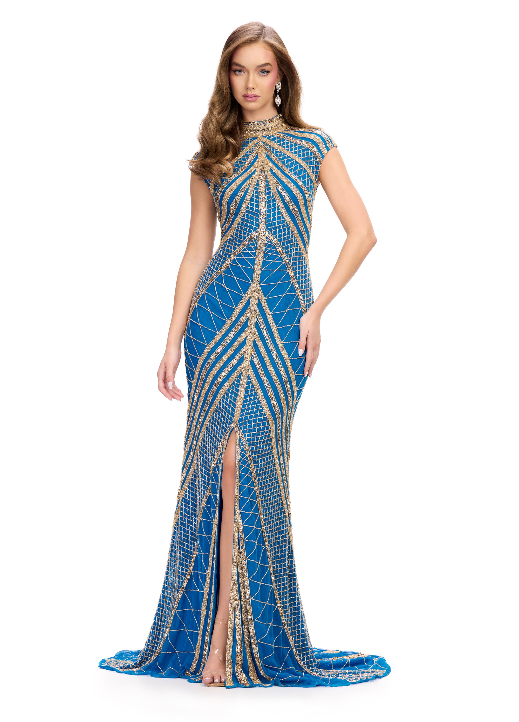 Aqua and gold geometric gown with intricate beadwork, a high neckline, and cap sleeves, designed with a dramatic front slit for a striking and elegant look.
