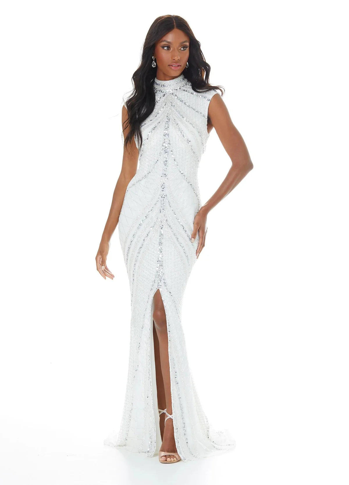 White beaded gown with a high neckline and cap sleeves, featuring intricate embellishments that create a captivating geometric design, paired with a front slit for a modern touch of elegance.