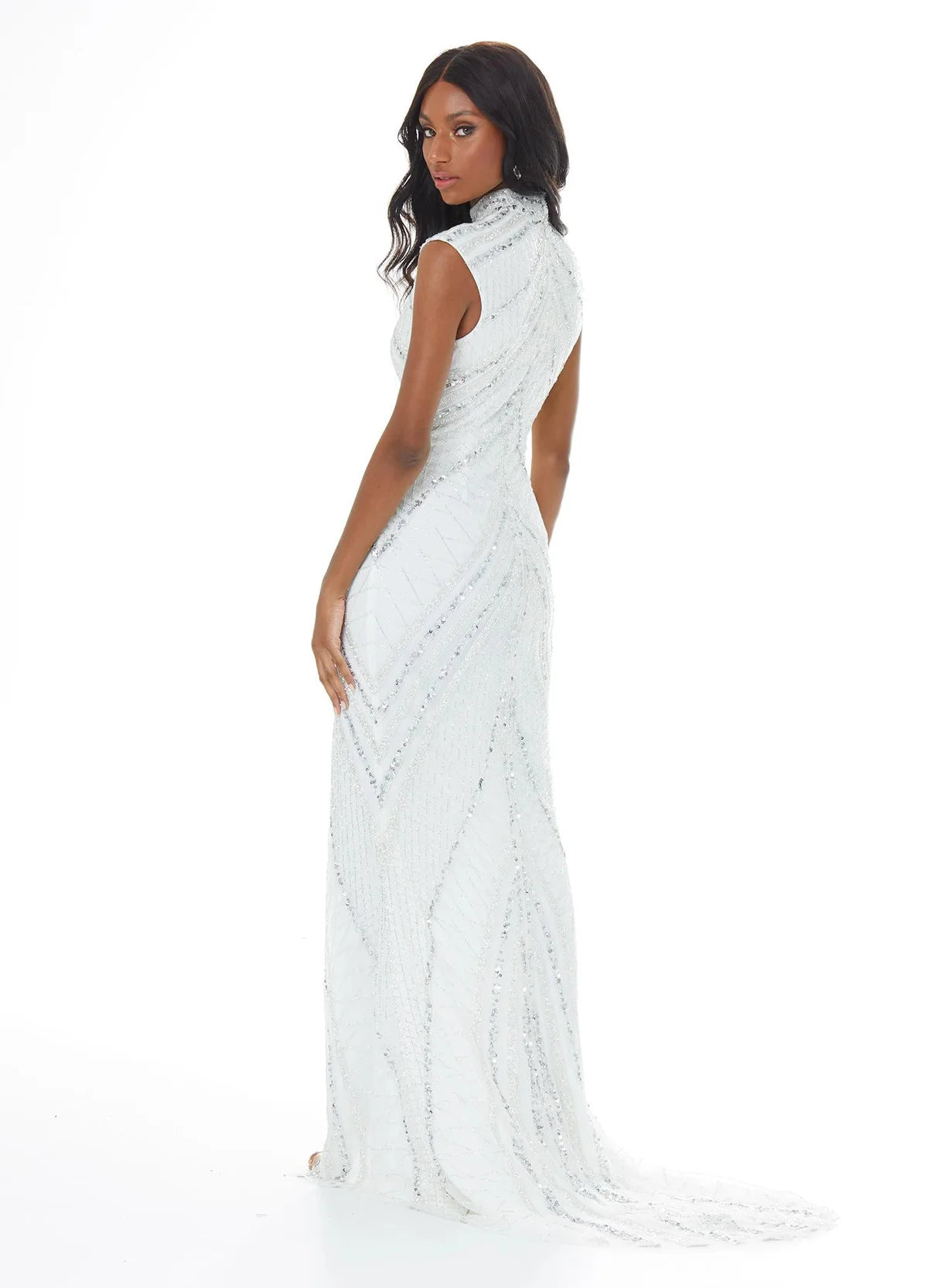 Black view - White beaded gown with a high neckline and cap sleeves, featuring intricate embellishments that create a captivating geometric design, paired with a front slit for a modern touch of elegance.