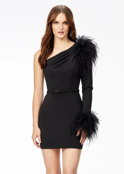 Bianca Mini Dress | Black Sleek one shoulder mini dress with feather adorned sleeve, heat set stones and a sculpted silhouette, perfect for galas, cocktail events or resort celebrations