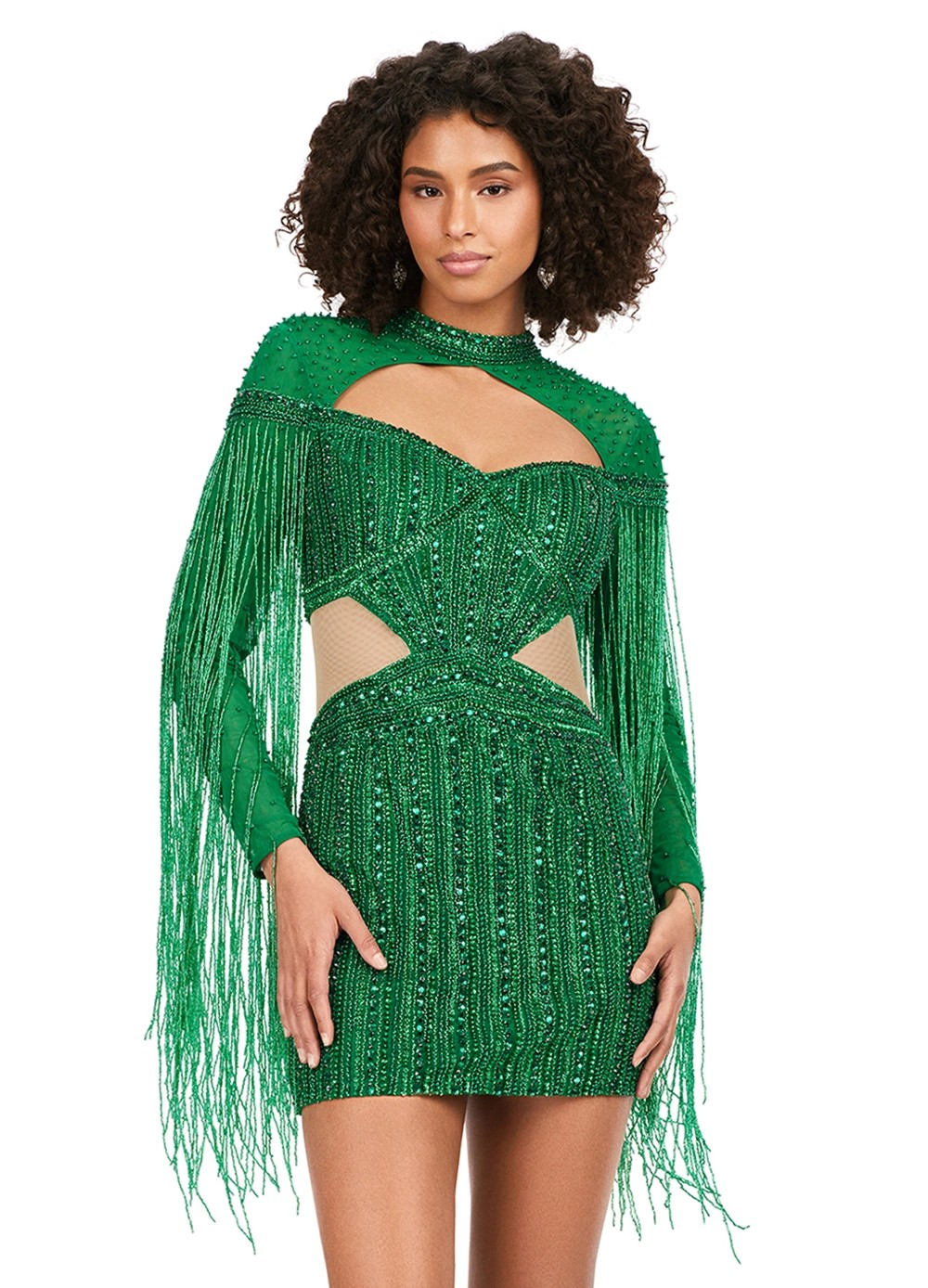 Emerald Green Beaded Mini Dress With A High Neckline, Sheer Panels, Fringe Details, And Stylish Cut-Out Accents.