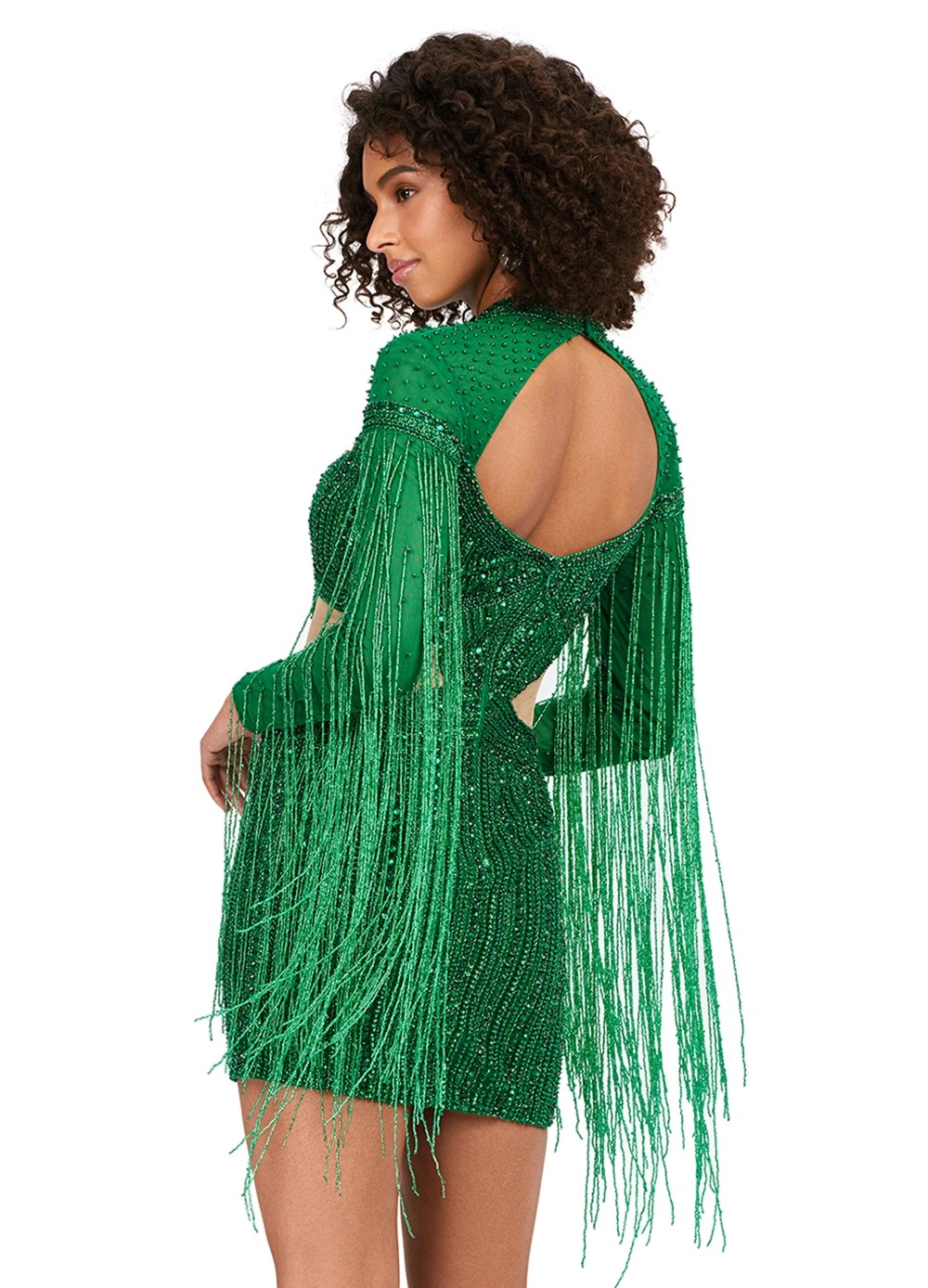 Emerald Green Beaded Mini Dress With A High Neckline, Sheer Panels, Fringe Details, And Stylish Cut-Out Accents. Back View. 