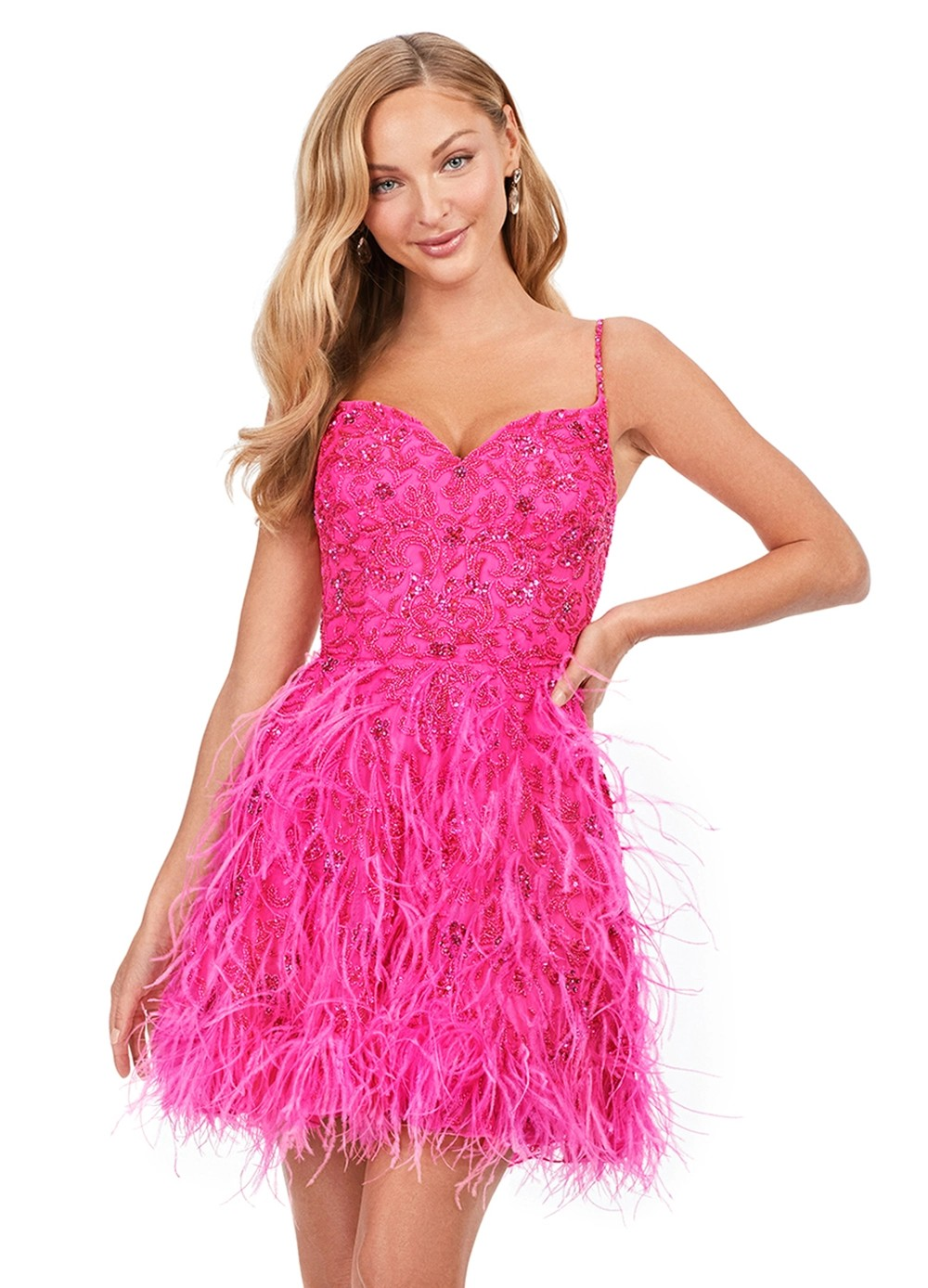 Strapless hot pink mini dress featuring intricate beadwork on the bodice, a sweetheart neckline, and a feathered skirt for a playful yet elegant look.