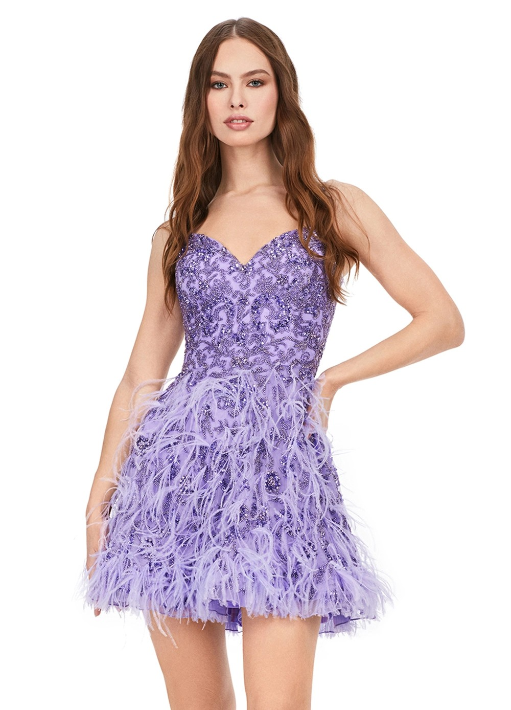Strapless purple mini dress featuring intricate beadwork on the bodice, a sweetheart neckline, and a feathered skirt for a playful yet elegant look.