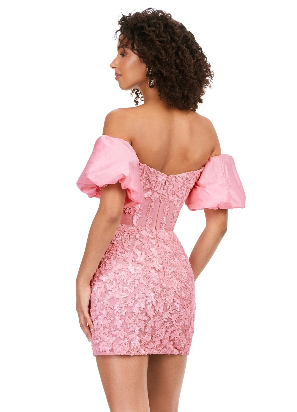 Back View - Pink sequin mini dress with floral detailing, panelled bodice, and puff off-shoulder sleeves.