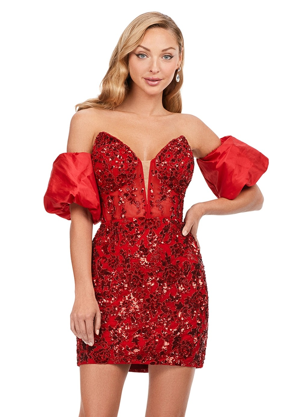 Red sequin mini dress with floral detailing, panelled bodice, and red puff off-shoulder sleeves.